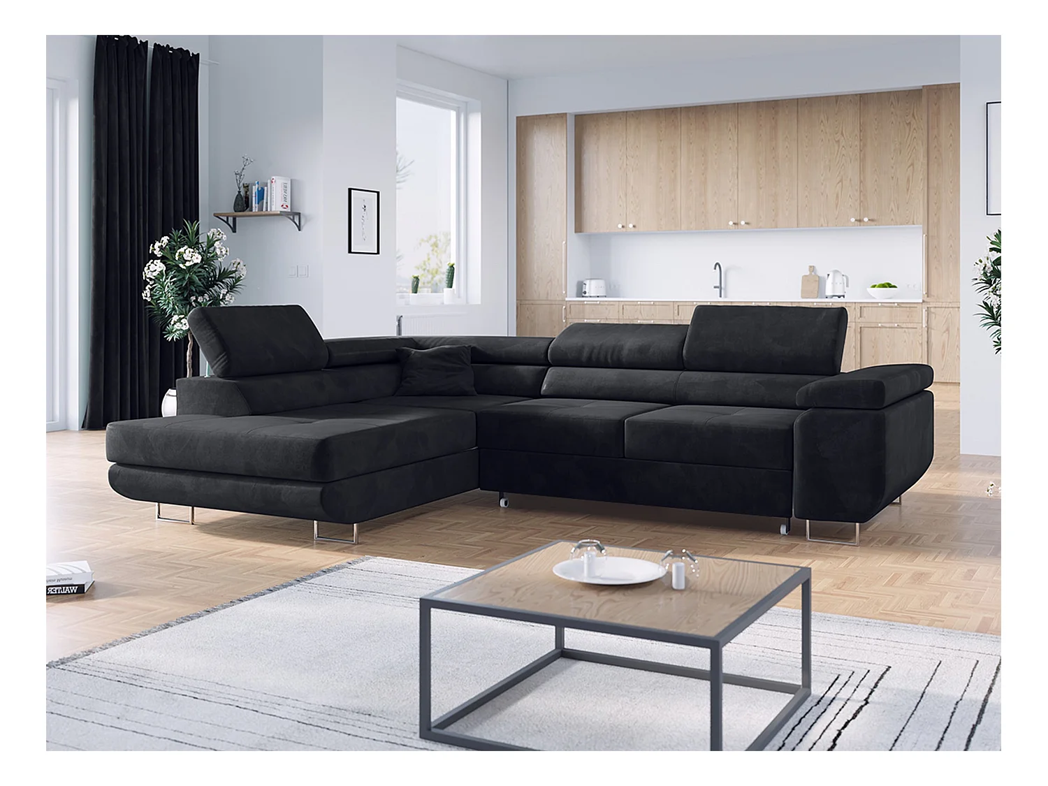 Ecksofa GUSTAW - mit Schlaffunktion, verstellbare Kopfstützen, Metallbeine - Graphitgrau Velvet - Ecke Links