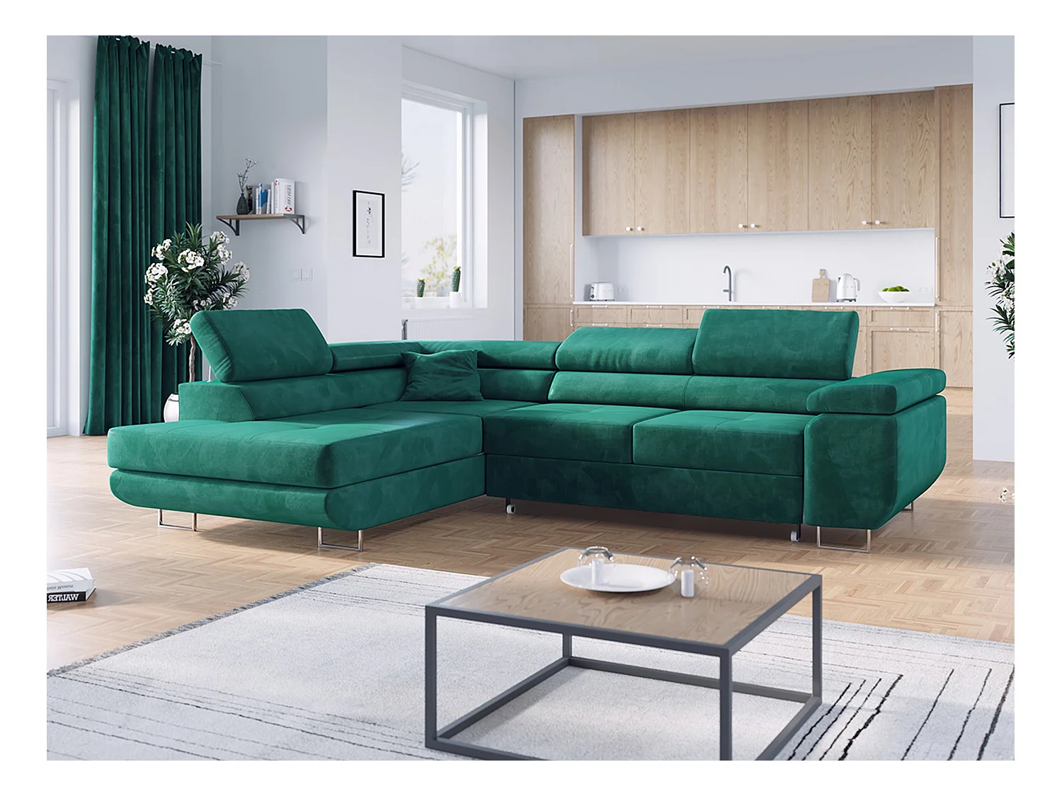 Ecksofa GUSTAW - mit Schlaffunktion, verstellbare Kopfstützen, Metallbeine - DunkelGrün Velvet - Ecke Links