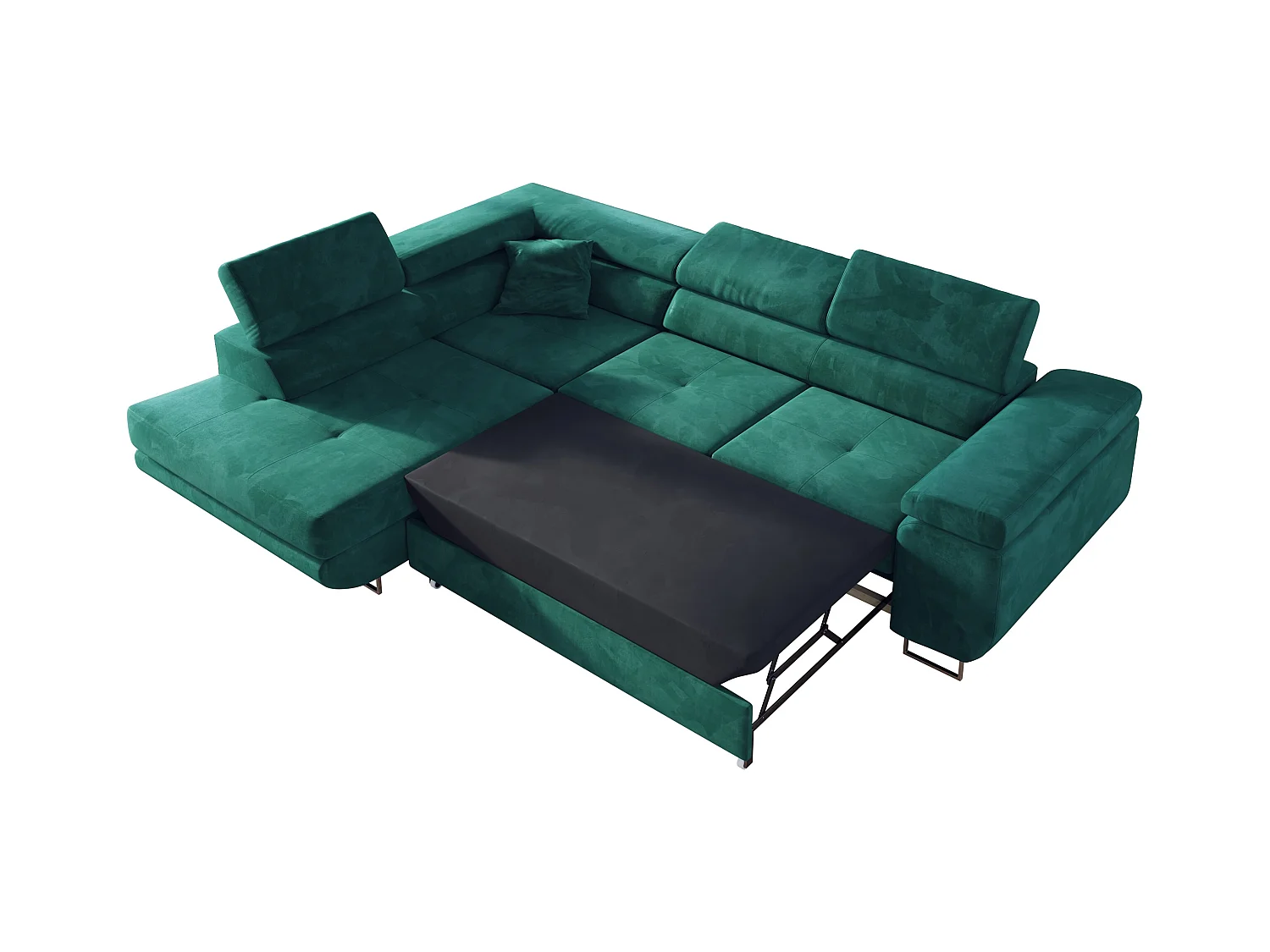 Ecksofa GUSTAW - mit Schlaffunktion, verstellbare Kopfstützen, Metallbeine - DunkelGrün Velvet - Ecke Links