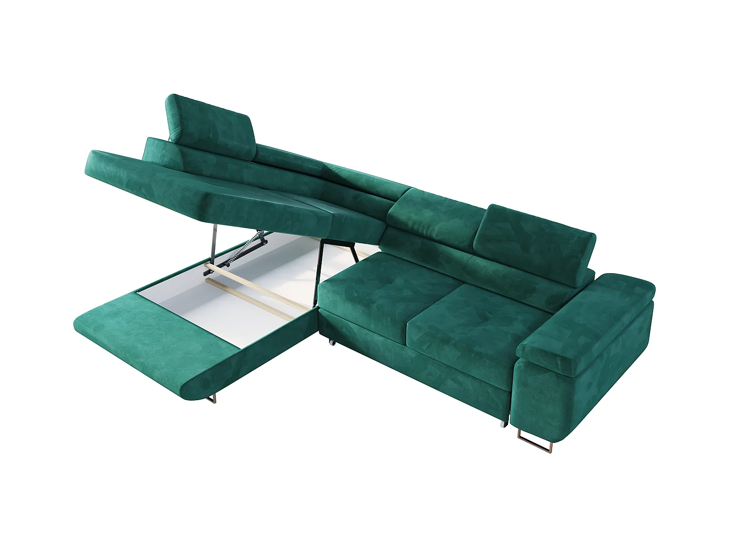 Ecksofa GUSTAW - mit Schlaffunktion, verstellbare Kopfstützen, Metallbeine - DunkelGrün Velvet - Ecke Links