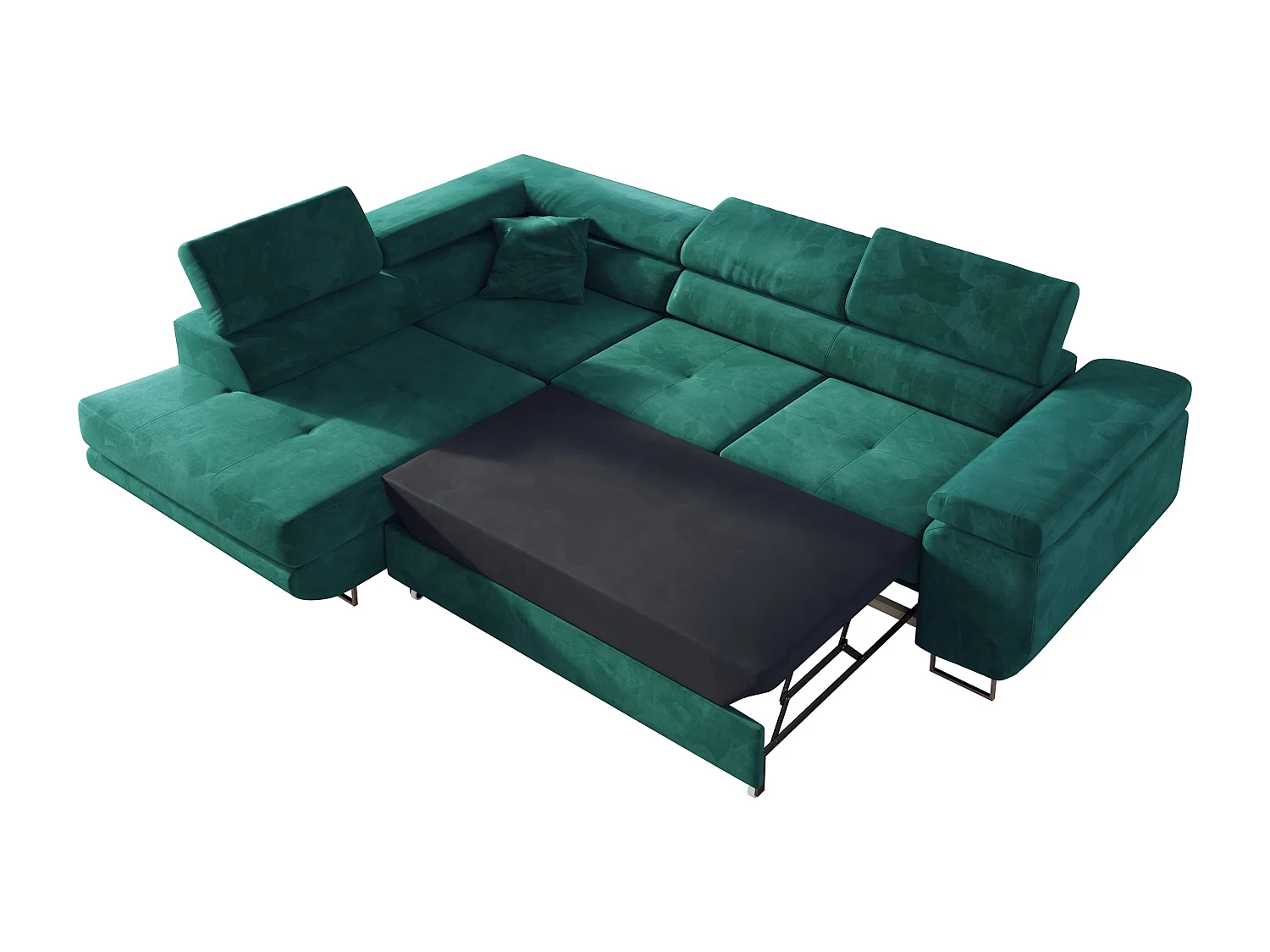 Ecksofa GUSTAW - mit Schlaffunktion, verstellbare Kopfstützen, Metallbeine - DunkelGrün Velvet - Ecke Links