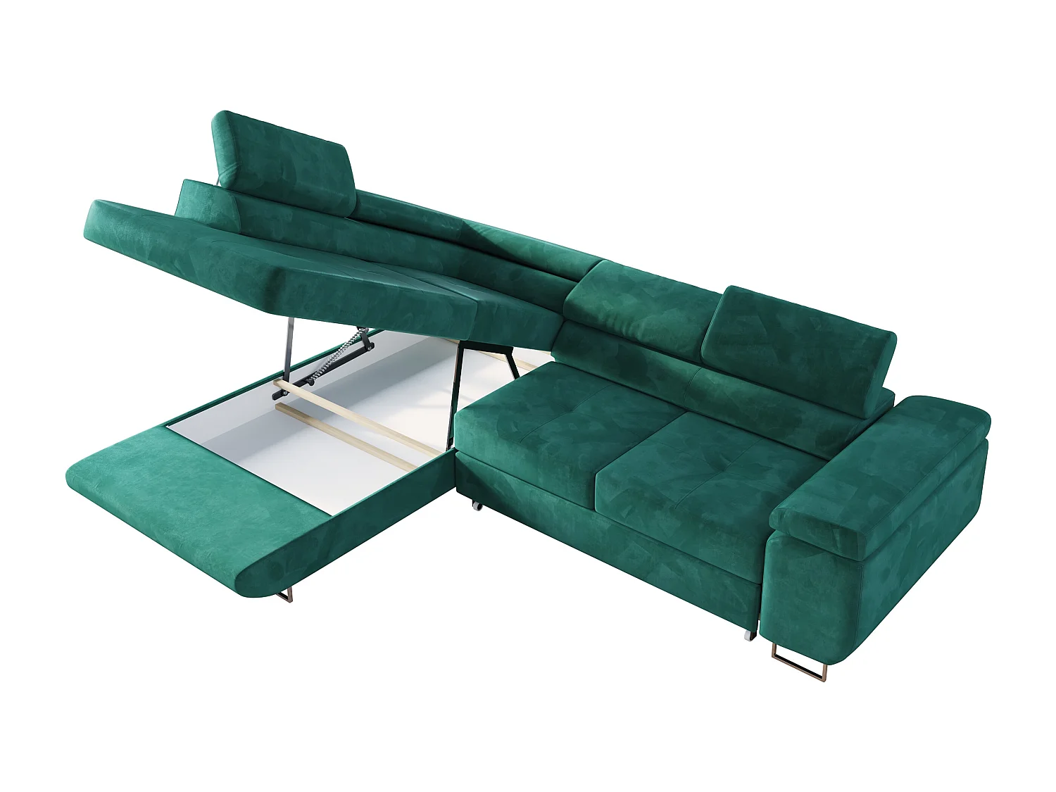 Ecksofa GUSTAW - mit Schlaffunktion, verstellbare Kopfstützen, Metallbeine - DunkelGrün Velvet - Ecke Links