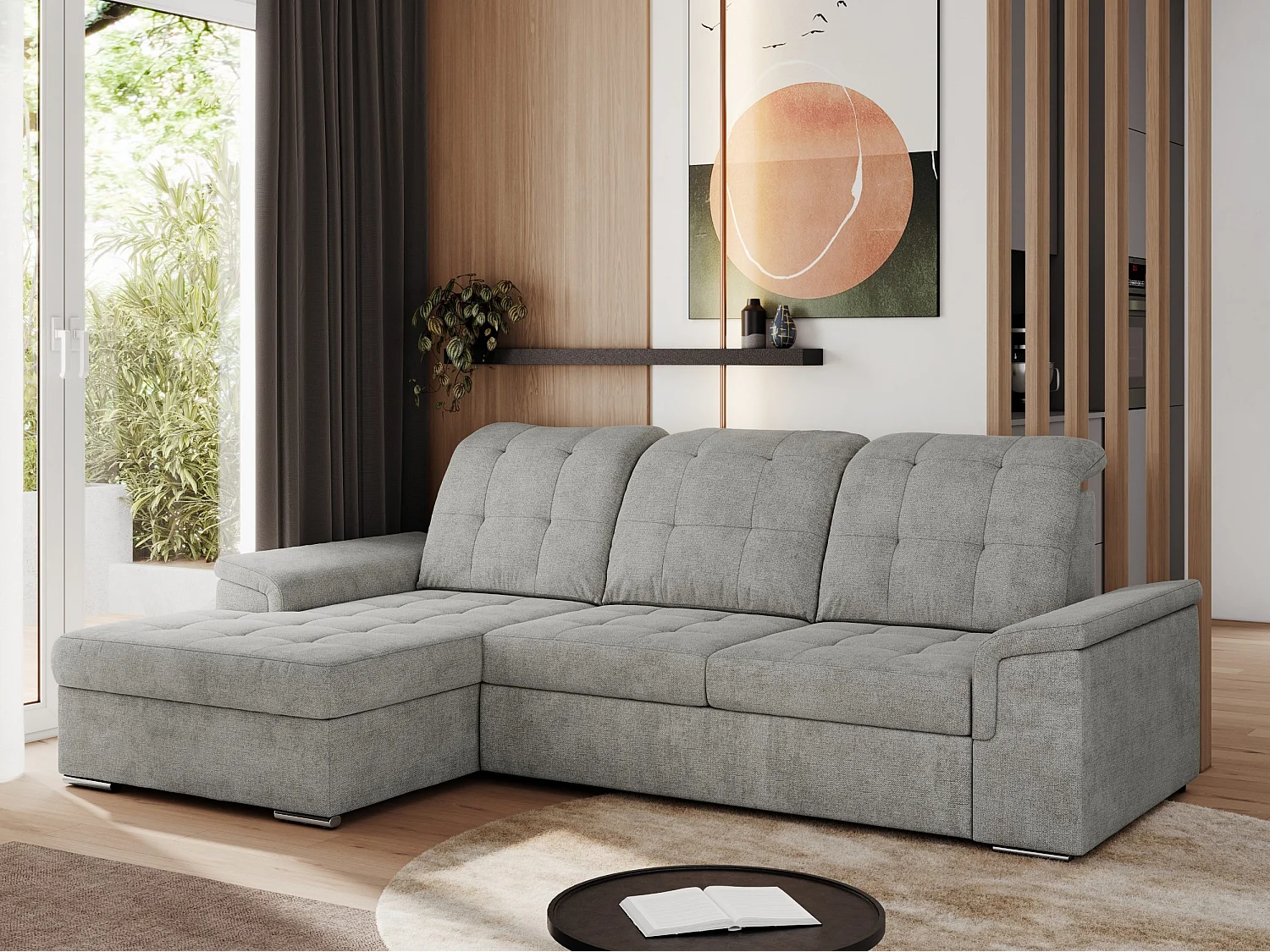 Ecksofa MADRITO - mit verstellbarer Rückenlehne, Armlehnen, gestepptem Sitz und Rückenlehne, Schlaffunktion - Hellgrau Struktur - Ecke Links