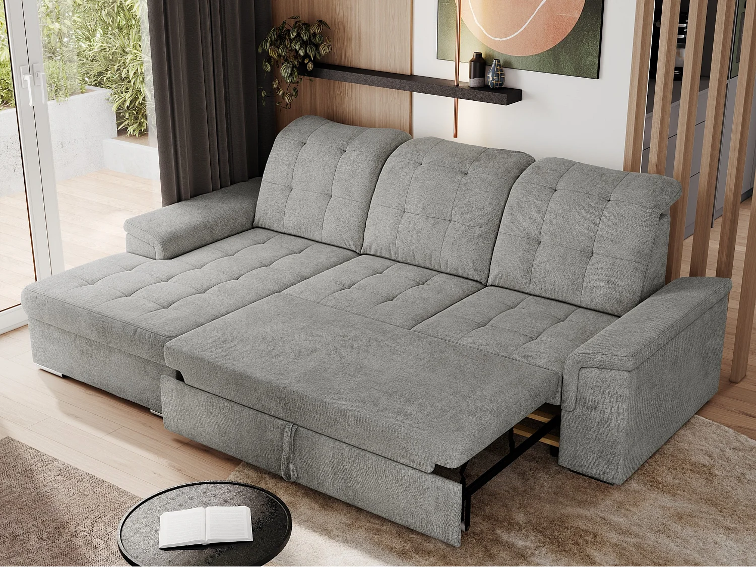 Ecksofa MADRITO - mit verstellbarer Rückenlehne, Armlehnen, gestepptem Sitz und Rückenlehne, Schlaffunktion - Hellgrau Struktur - Ecke Links