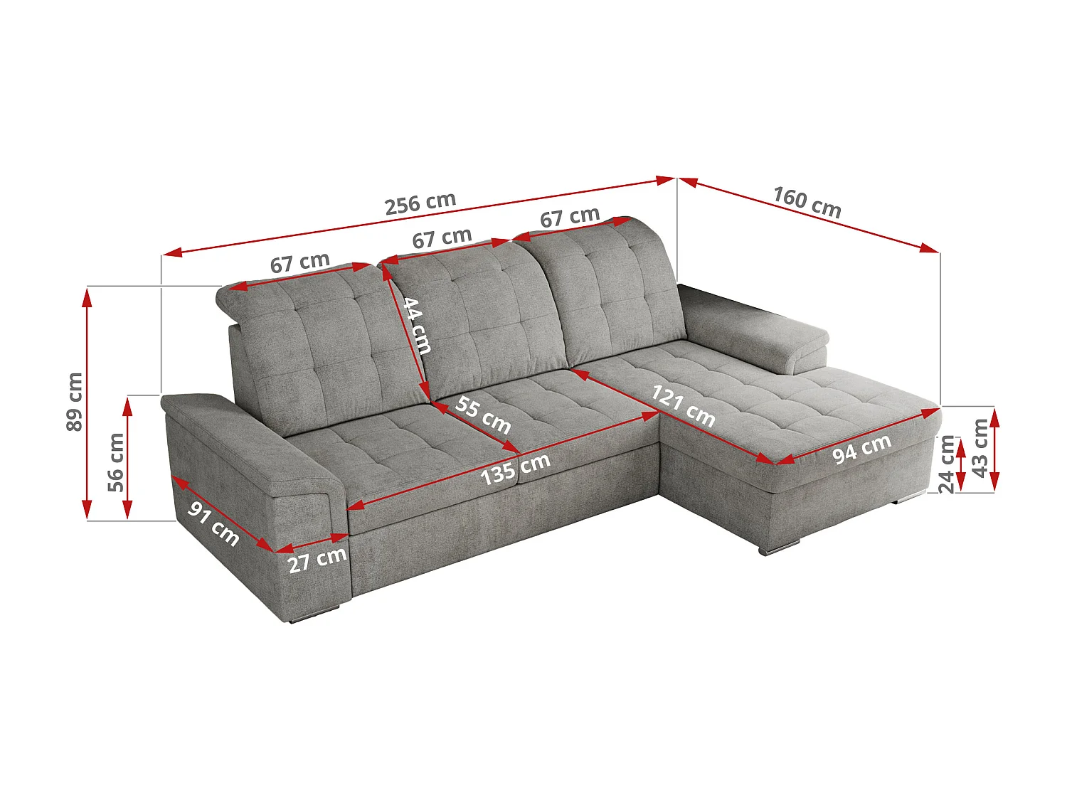 Ecksofa MADRITO - mit verstellbarer Rückenlehne, Armlehnen, gestepptem Sitz und Rückenlehne, Schlaffunktion - Hellgrau Struktur - Ecke Links