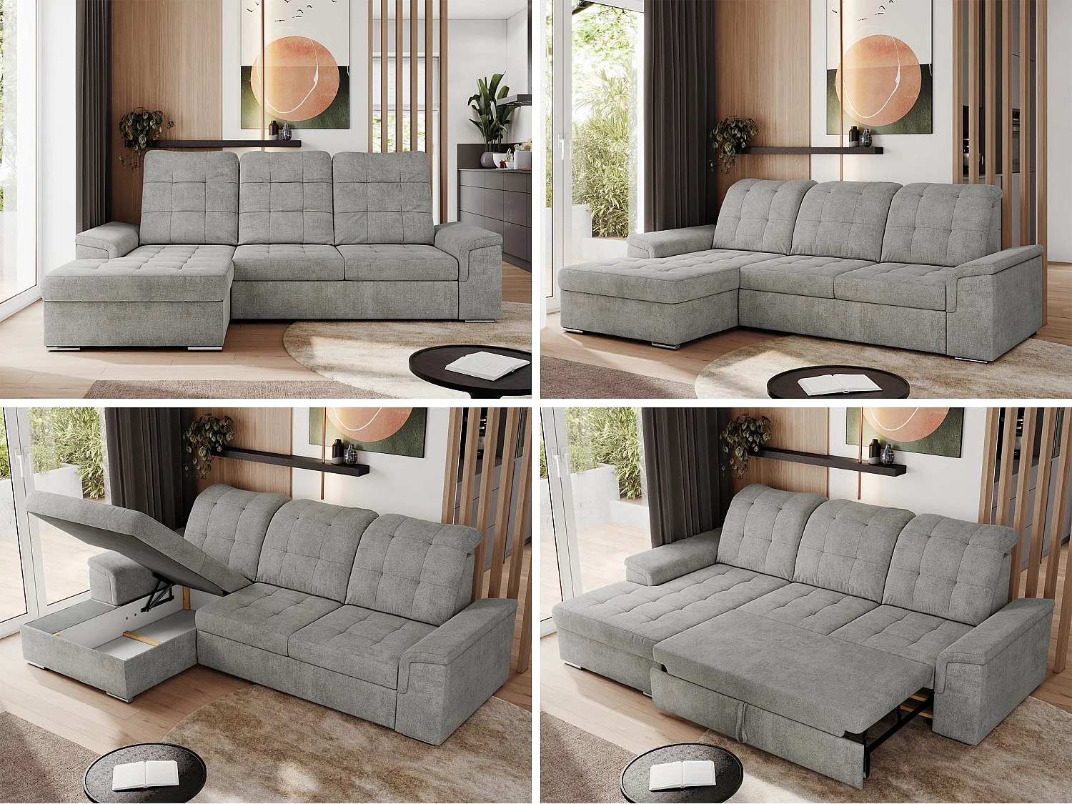 Ecksofa MADRITO - mit verstellbarer Rückenlehne, Armlehnen, gestepptem Sitz und Rückenlehne, Schlaffunktion - Hellgrau Struktur - Ecke Links