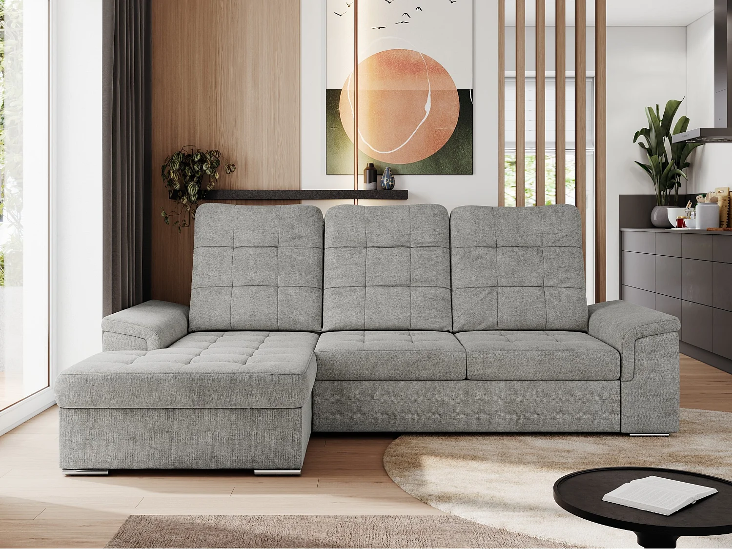 Ecksofa MADRITO - mit verstellbarer Rückenlehne, Armlehnen, gestepptem Sitz und Rückenlehne, Schlaffunktion - Hellgrau Struktur - Ecke Links