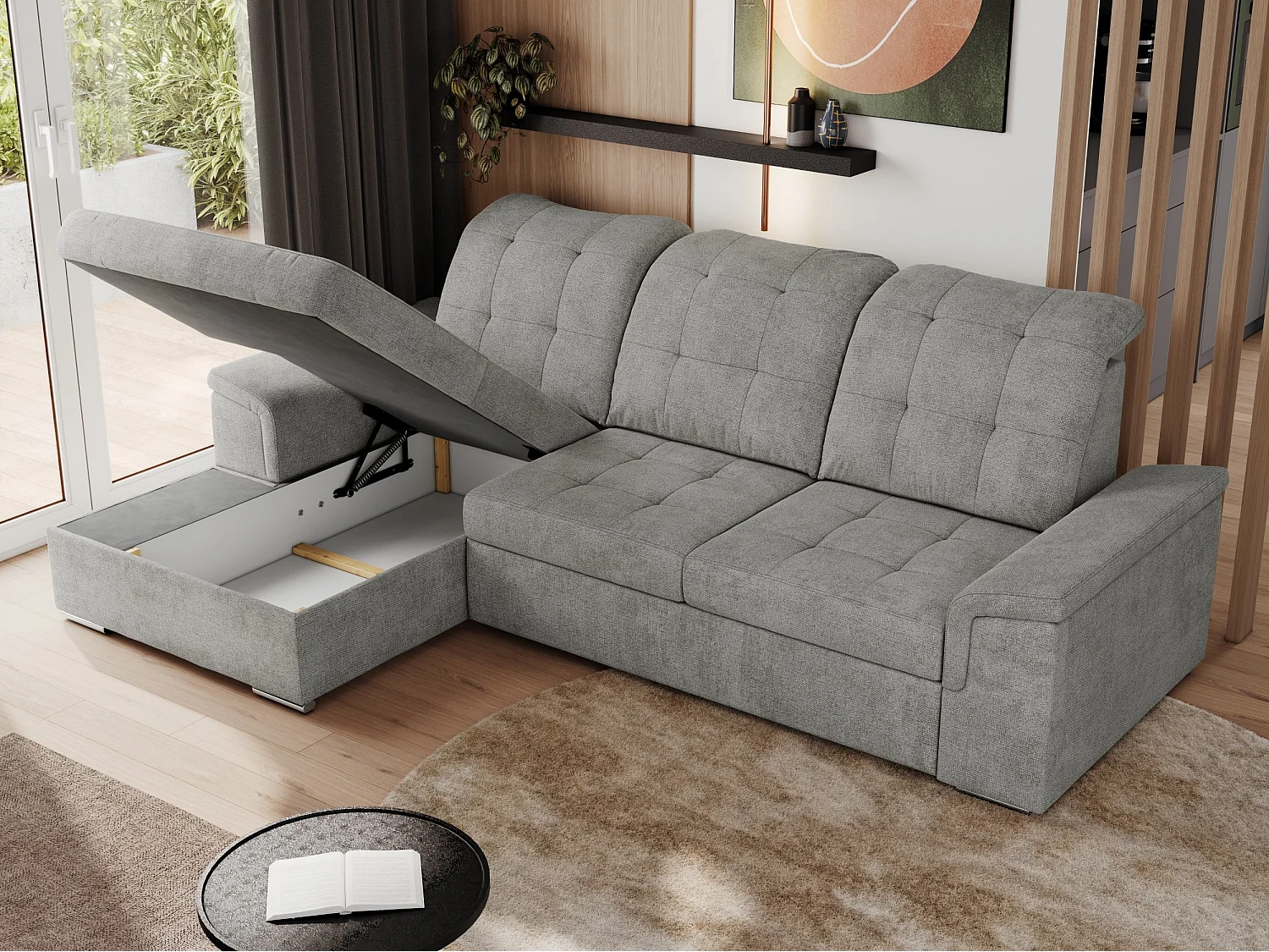 Ecksofa MADRITO - mit verstellbarer Rückenlehne, Armlehnen, gestepptem Sitz und Rückenlehne, Schlaffunktion - Hellgrau Struktur - Ecke Links