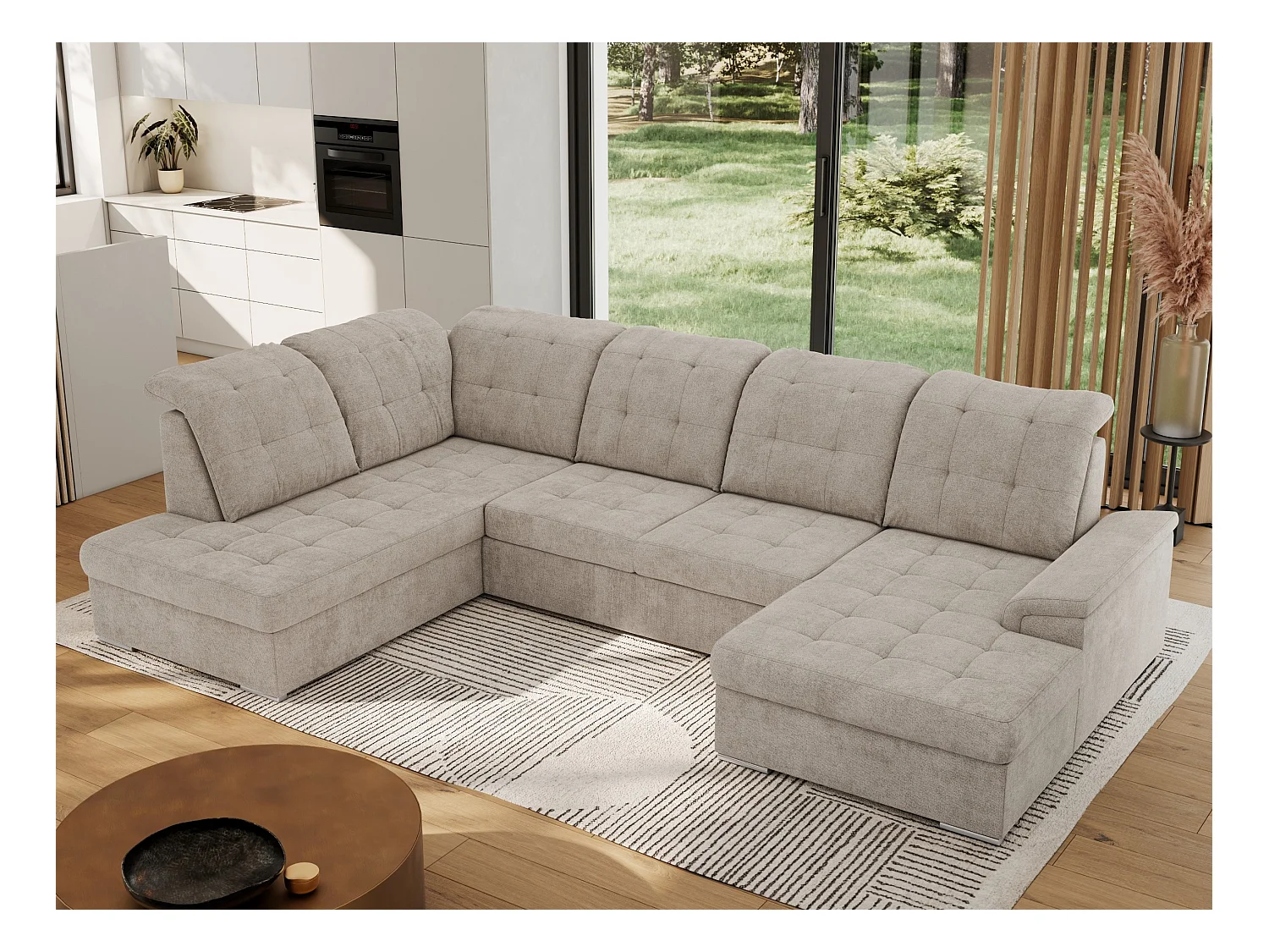 Ecksofa MADRITO U - mit verstellbarer Rückenlehne, Armlehne, L-förmige Ecke, Bettkasten - Beige Struktur - Ecke Links