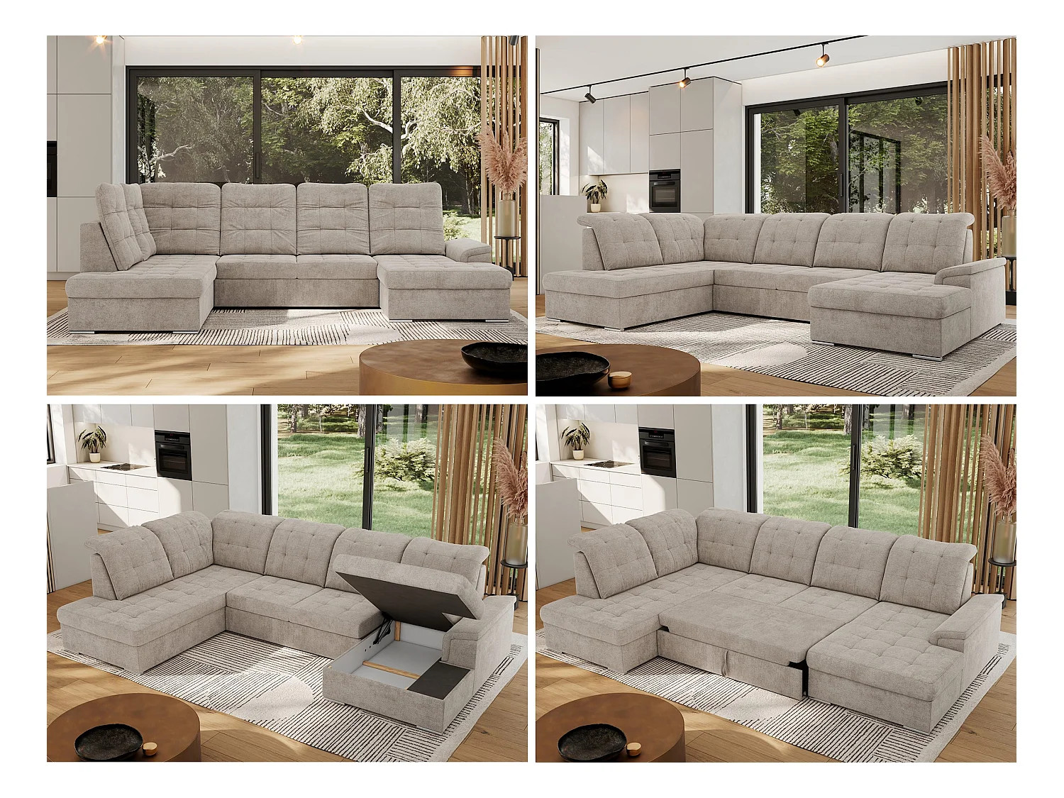 Ecksofa MADRITO U - mit verstellbarer Rückenlehne, Armlehne, L-förmige Ecke, Bettkasten - Beige Struktur - Ecke Links