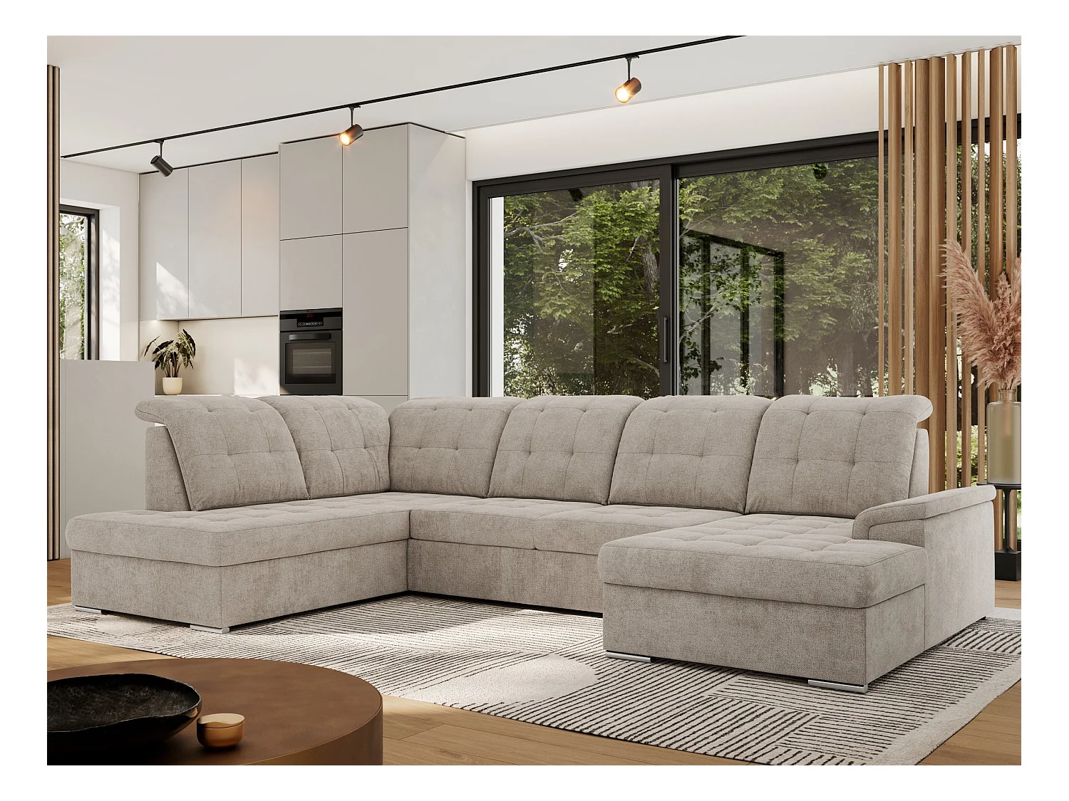 Ecksofa MADRITO U - mit verstellbarer Rückenlehne, Armlehne, L-förmige Ecke, Bettkasten - Beige Struktur - Ecke Links