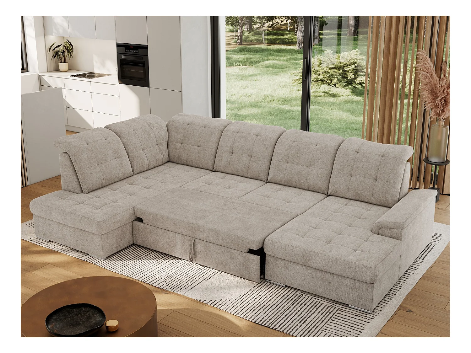 Ecksofa MADRITO U - mit verstellbarer Rückenlehne, Armlehne, L-förmige Ecke, Bettkasten - Beige Struktur - Ecke Links