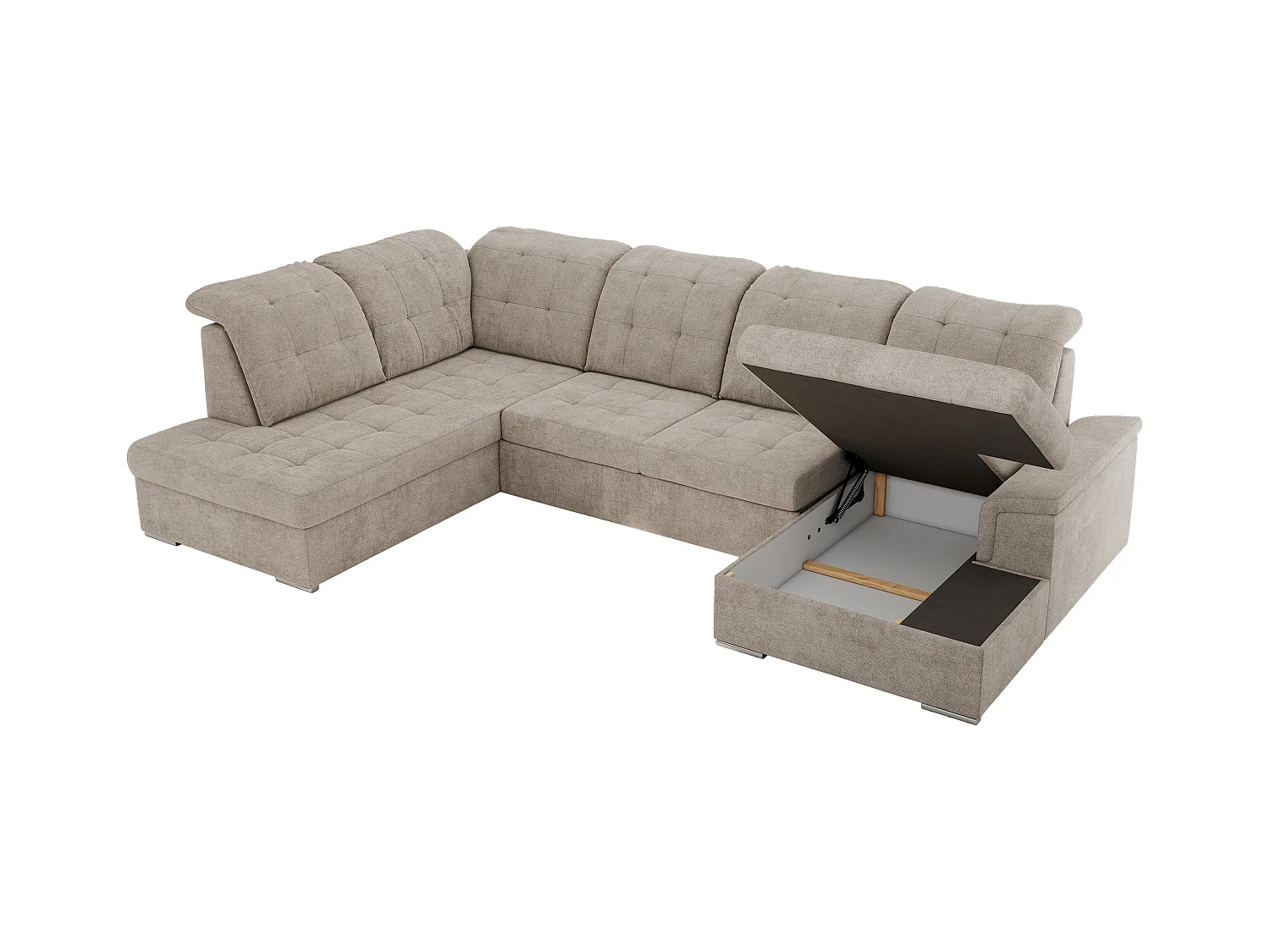 Ecksofa MADRITO U - mit verstellbarer Rückenlehne, Armlehne, L-förmige Ecke, Bettkasten - Beige Struktur - Ecke Links