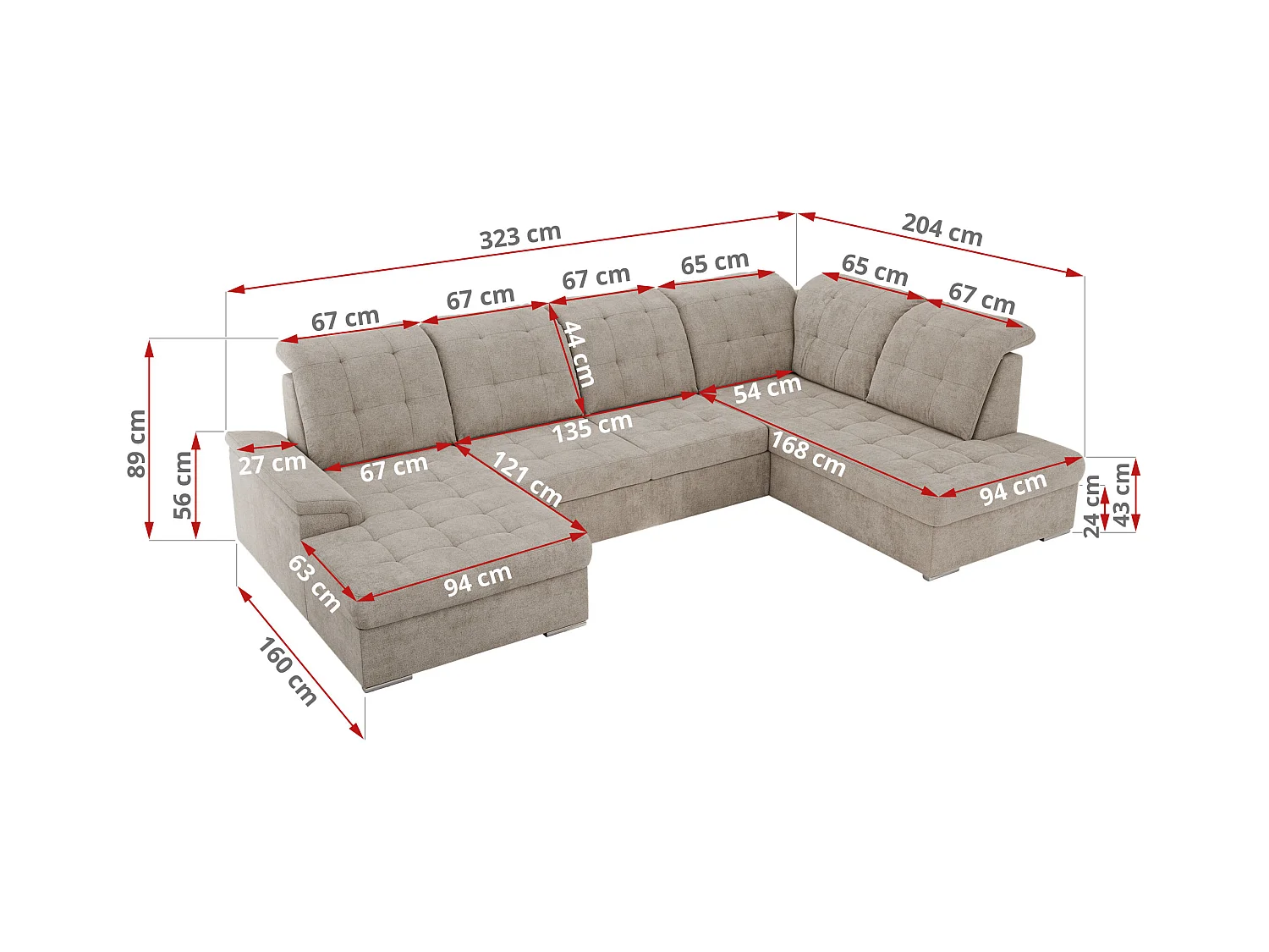 Ecksofa MADRITO U - mit verstellbarer Rückenlehne, Armlehne, L-förmige Ecke, Bettkasten - Beige Struktur - Ecke Links