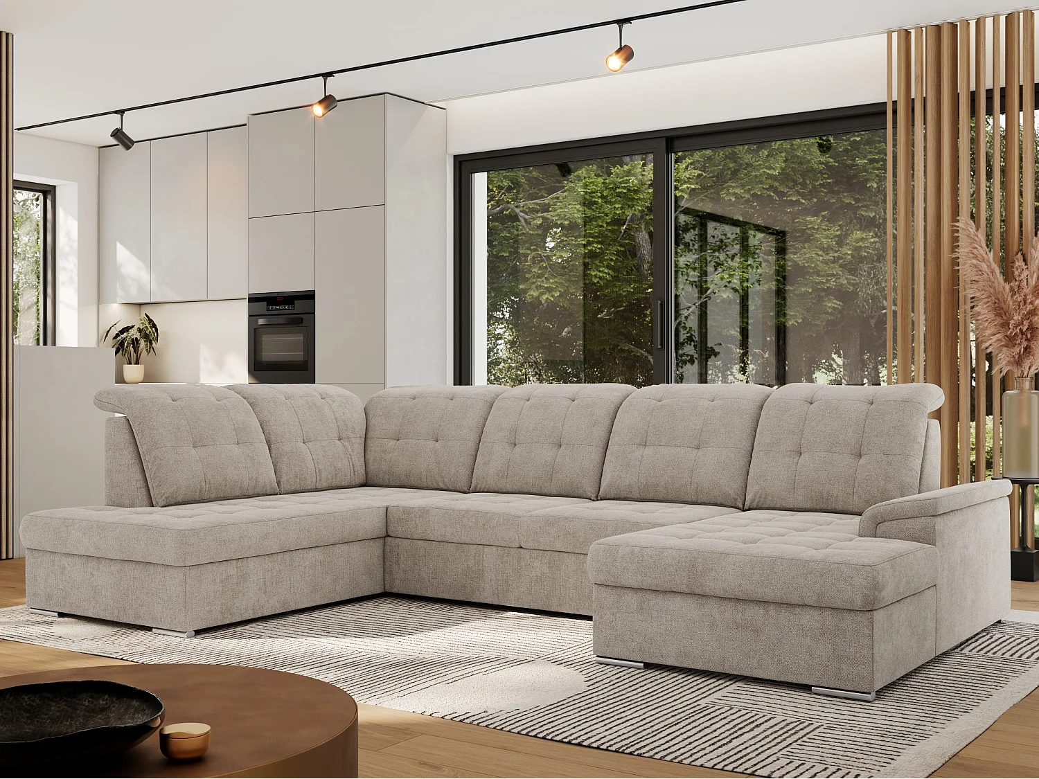 Ecksofa MADRITO U - mit verstellbarer Rückenlehne, Armlehne, L-förmige Ecke, Bettkasten - Beige Struktur - Ecke Links