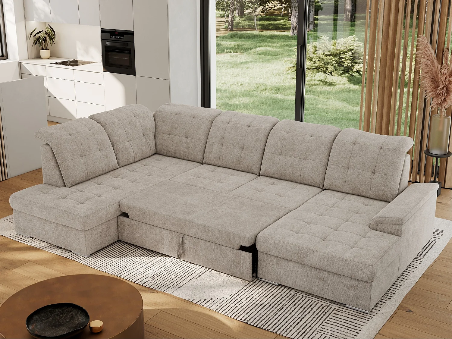 Ecksofa MADRITO U - mit verstellbarer Rückenlehne, Armlehne, L-förmige Ecke, Bettkasten - Beige Struktur - Ecke Links