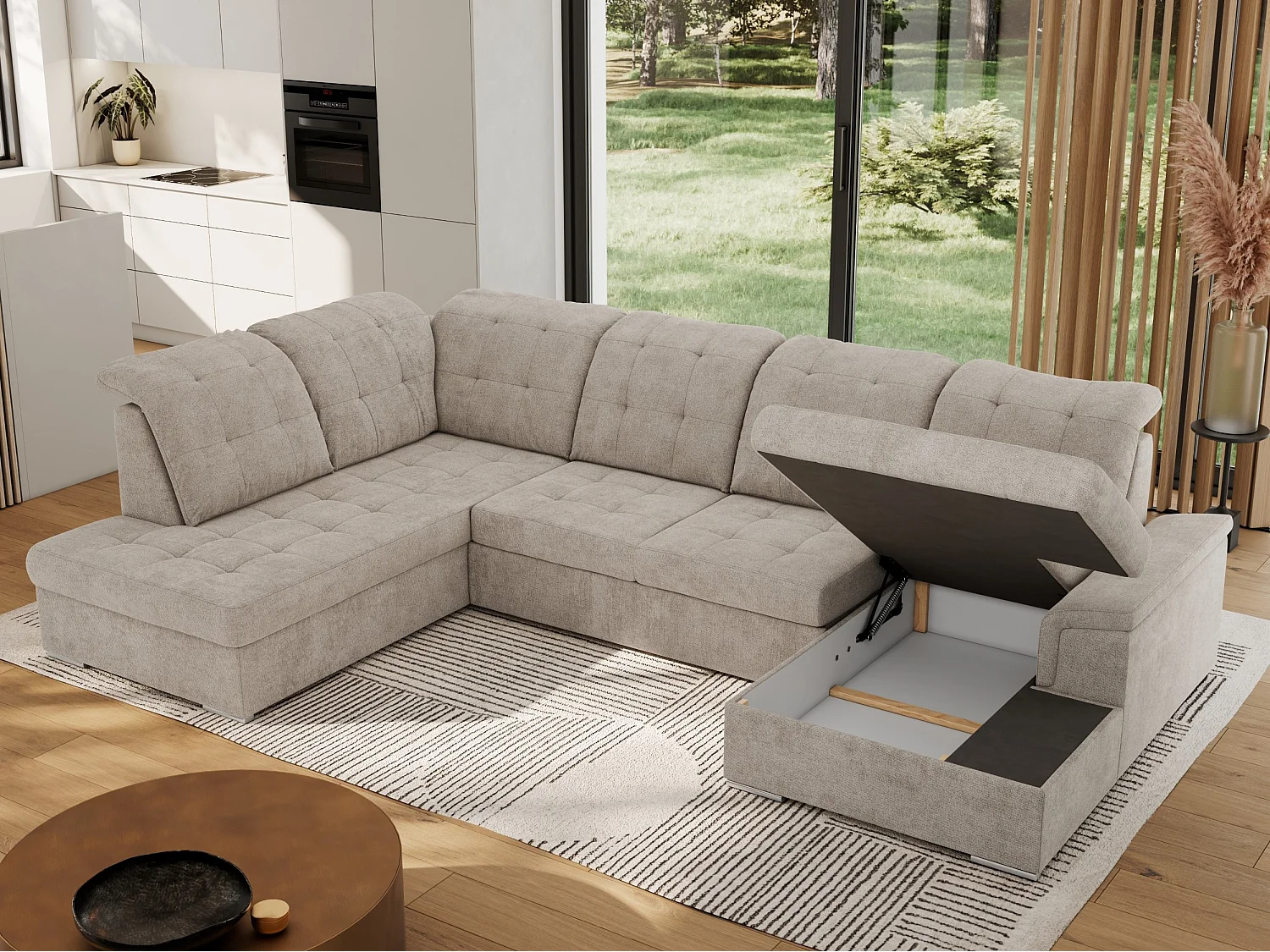 Ecksofa MADRITO U - mit verstellbarer Rückenlehne, Armlehne, L-förmige Ecke, Bettkasten - Beige Struktur - Ecke Links