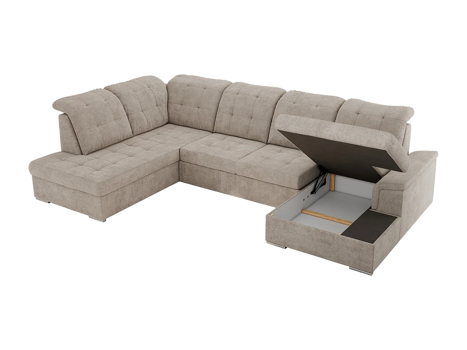 Ecksofa MADRITO U - mit verstellbarer Rückenlehne, Armlehne, L-förmige Ecke, Bettkasten - Beige Struktur - Ecke Links