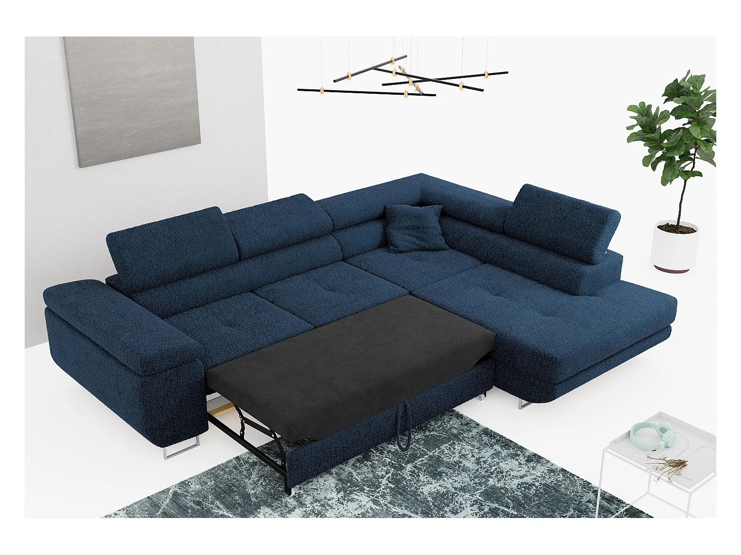 Ecksofa GUSTAW - mit Schlaffunktion, verstellbare Kopfstützen, Metallbeine - Dunkelblau Boucle - Ecke Rechts