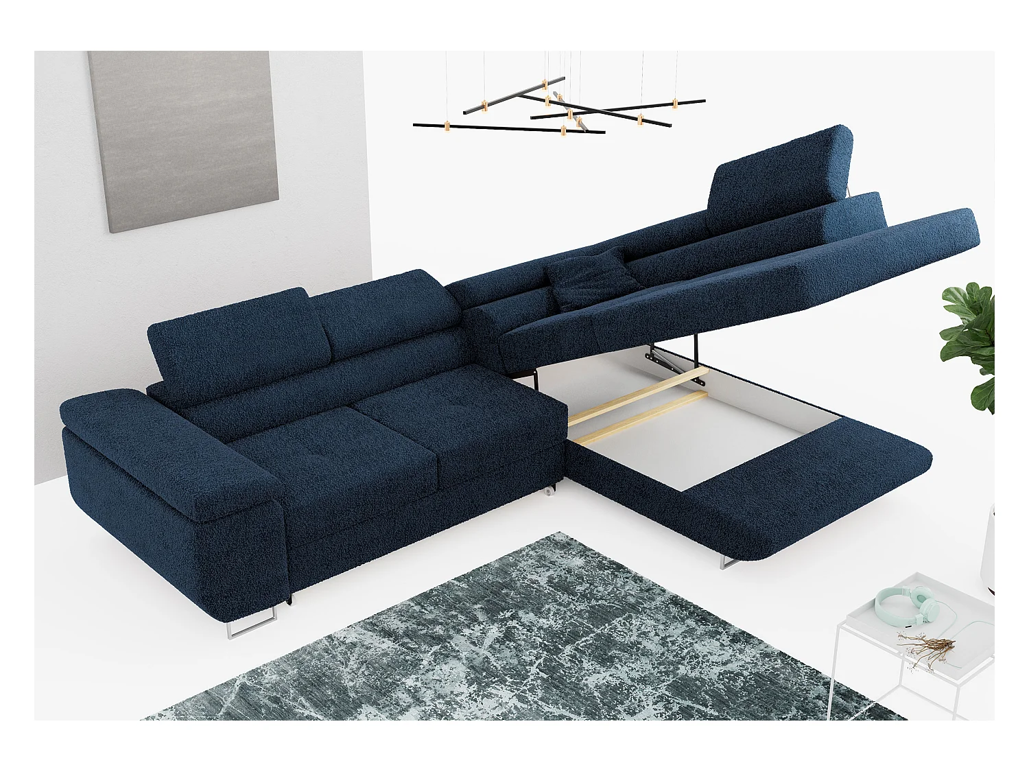 Ecksofa GUSTAW - mit Schlaffunktion, verstellbare Kopfstützen, Metallbeine - Dunkelblau Boucle - Ecke Rechts