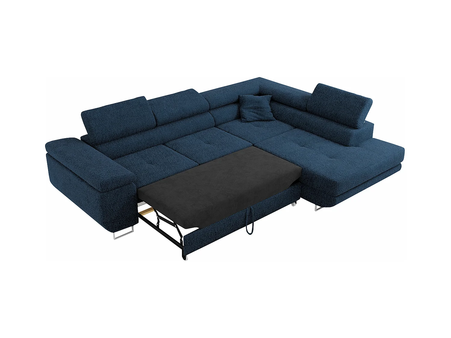 Ecksofa GUSTAW - mit Schlaffunktion, verstellbare Kopfstützen, Metallbeine - Dunkelblau Boucle - Ecke Rechts