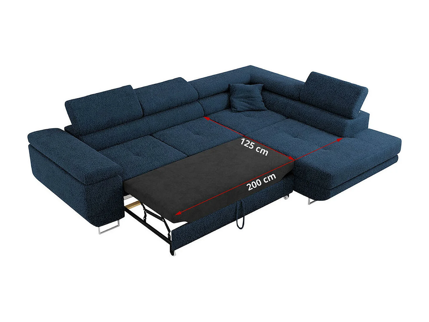 Ecksofa GUSTAW - mit Schlaffunktion, verstellbare Kopfstützen, Metallbeine - Dunkelblau Boucle - Ecke Rechts