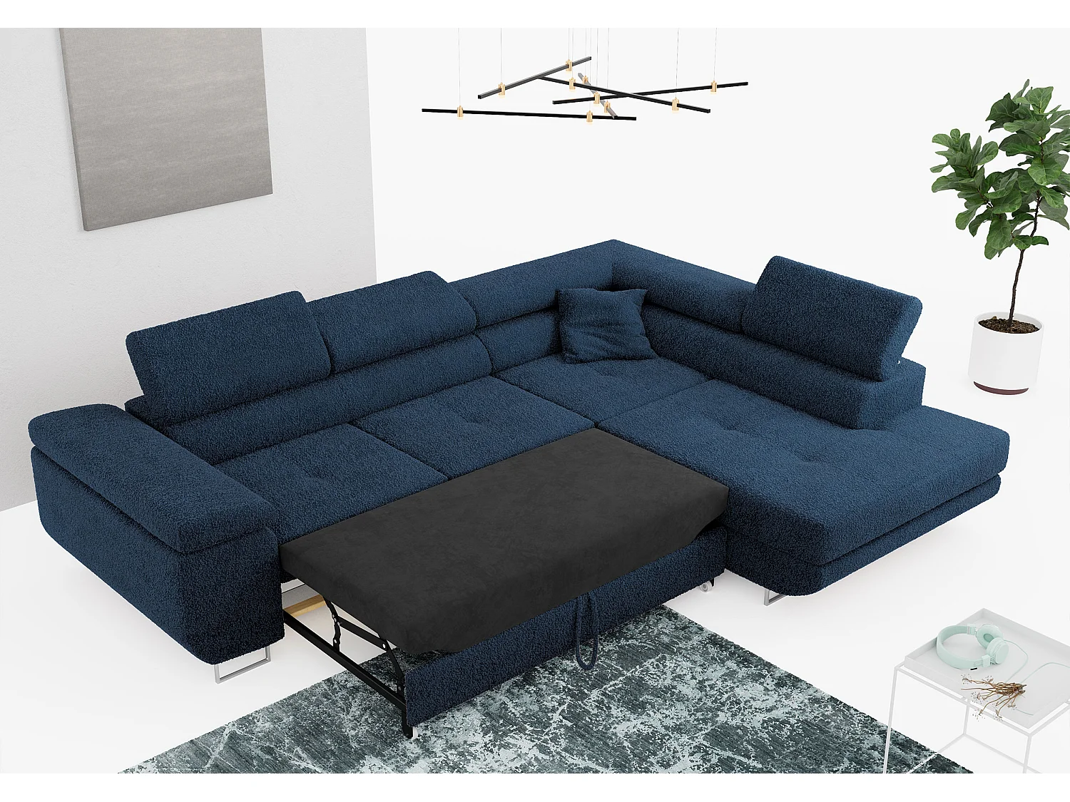 Ecksofa GUSTAW - mit Schlaffunktion, verstellbare Kopfstützen, Metallbeine - Dunkelblau Boucle - Ecke Rechts