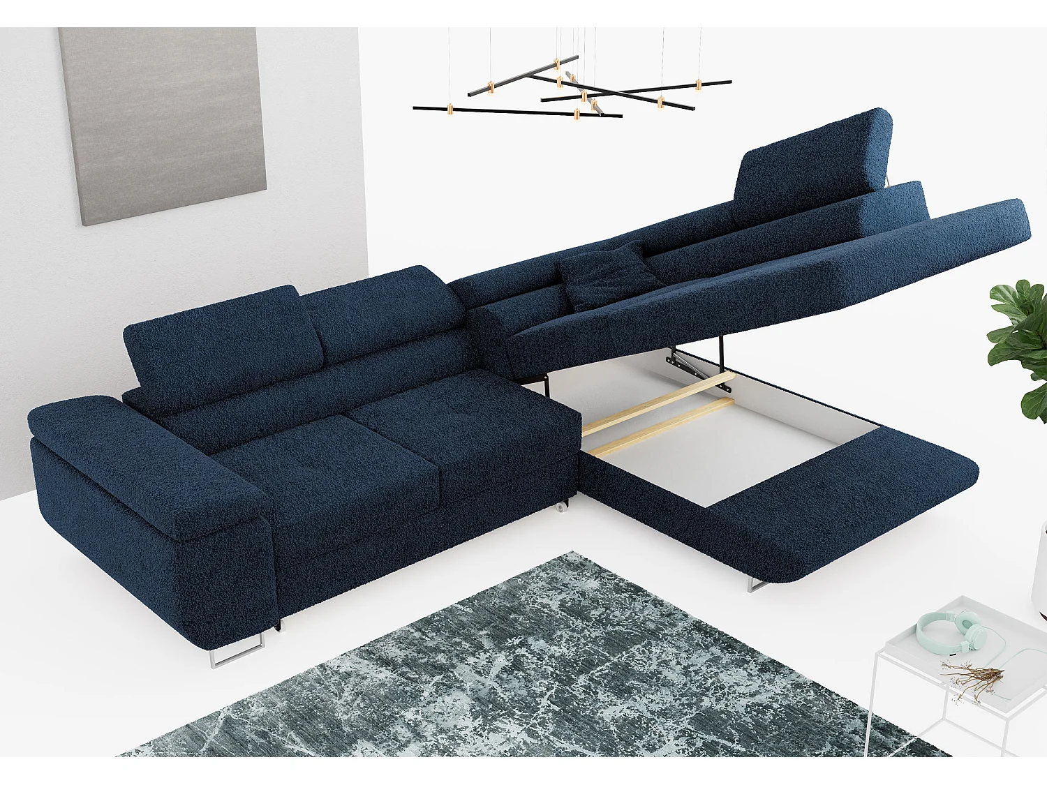 Ecksofa GUSTAW - mit Schlaffunktion, verstellbare Kopfstützen, Metallbeine - Dunkelblau Boucle - Ecke Rechts