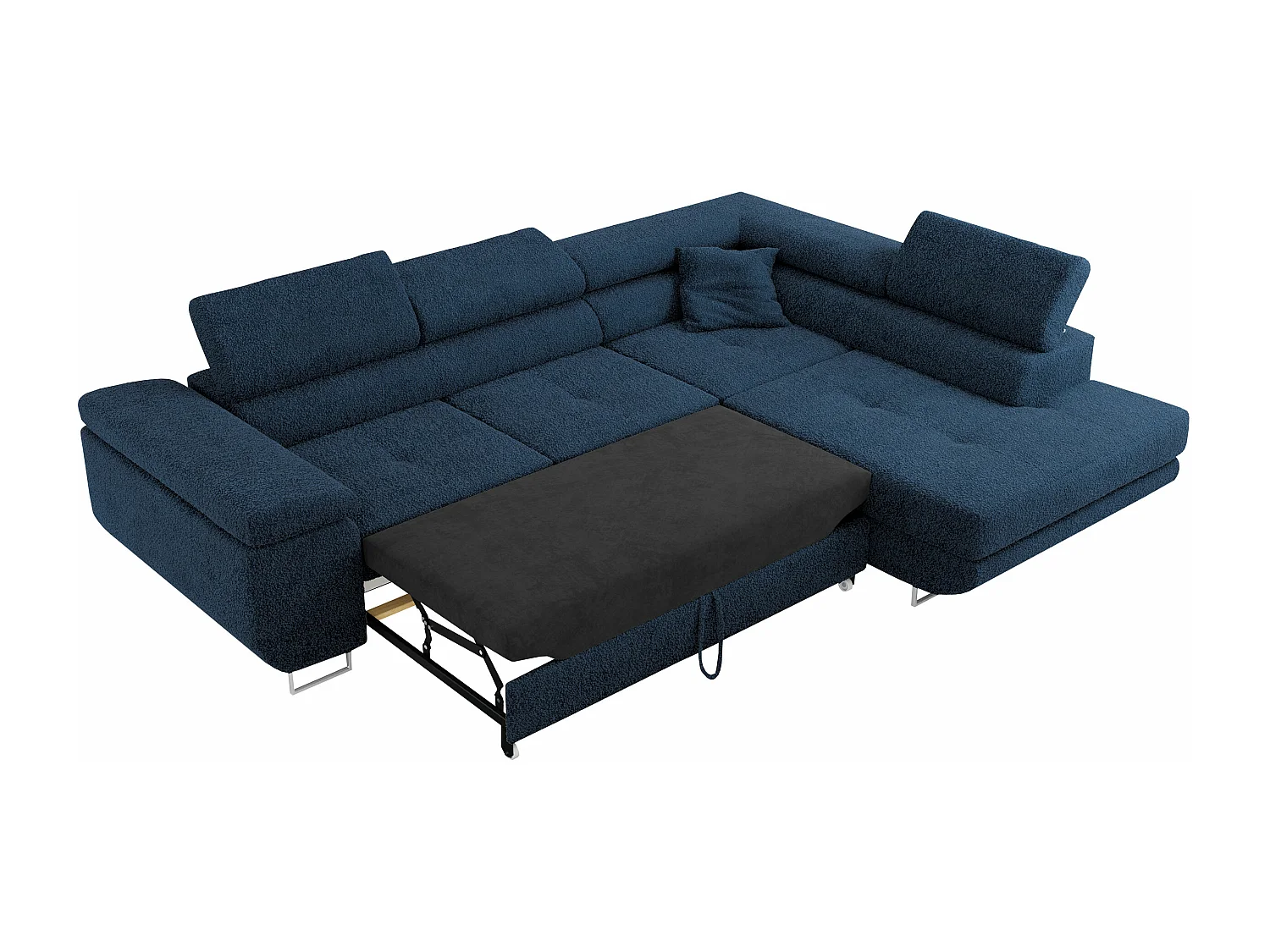 Ecksofa GUSTAW - mit Schlaffunktion, verstellbare Kopfstützen, Metallbeine - Dunkelblau Boucle - Ecke Rechts