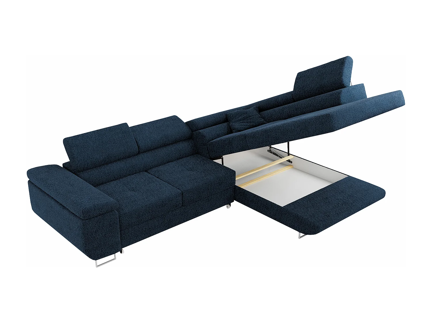 Ecksofa GUSTAW - mit Schlaffunktion, verstellbare Kopfstützen, Metallbeine - Dunkelblau Boucle - Ecke Rechts