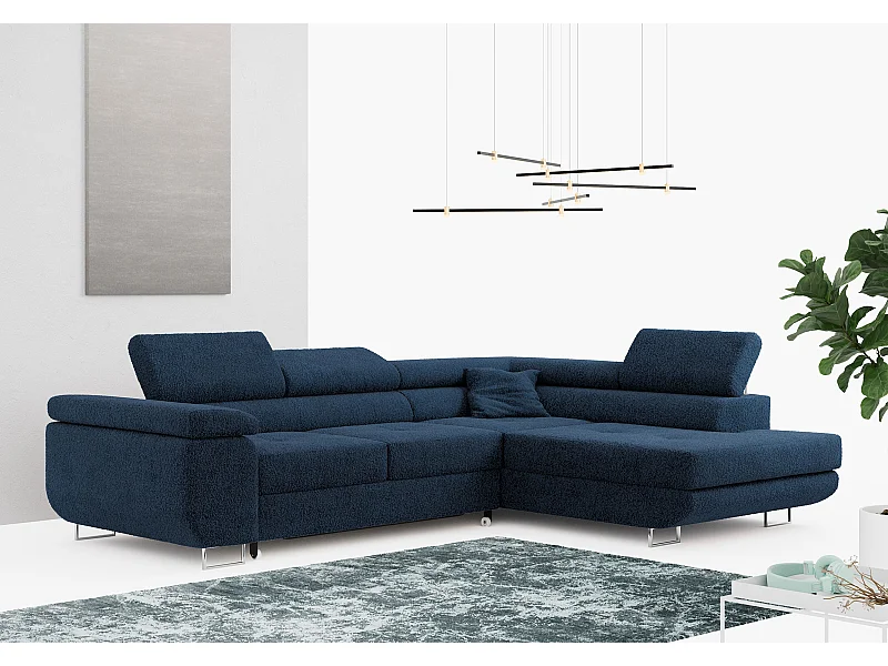 Ecksofa GUSTAW - mit Schlaffunktion, verstellbare Kopfstützen, Metallbeine - Dunkelblau Boucle - Ecke Rechts