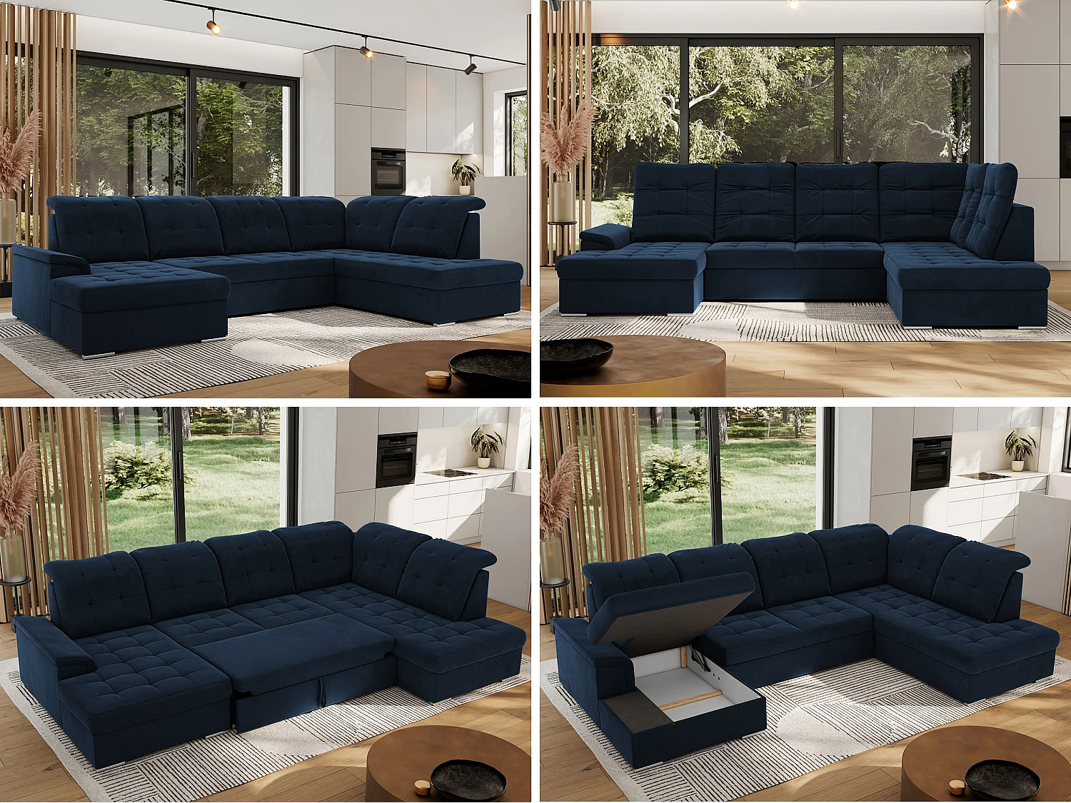 Ecksofa MADRITO U - mit verstellbarer Rückenlehne, Armlehne, L-förmige Ecke, Bettkasten - Dunkelblau Velvet - Ecke Rechts