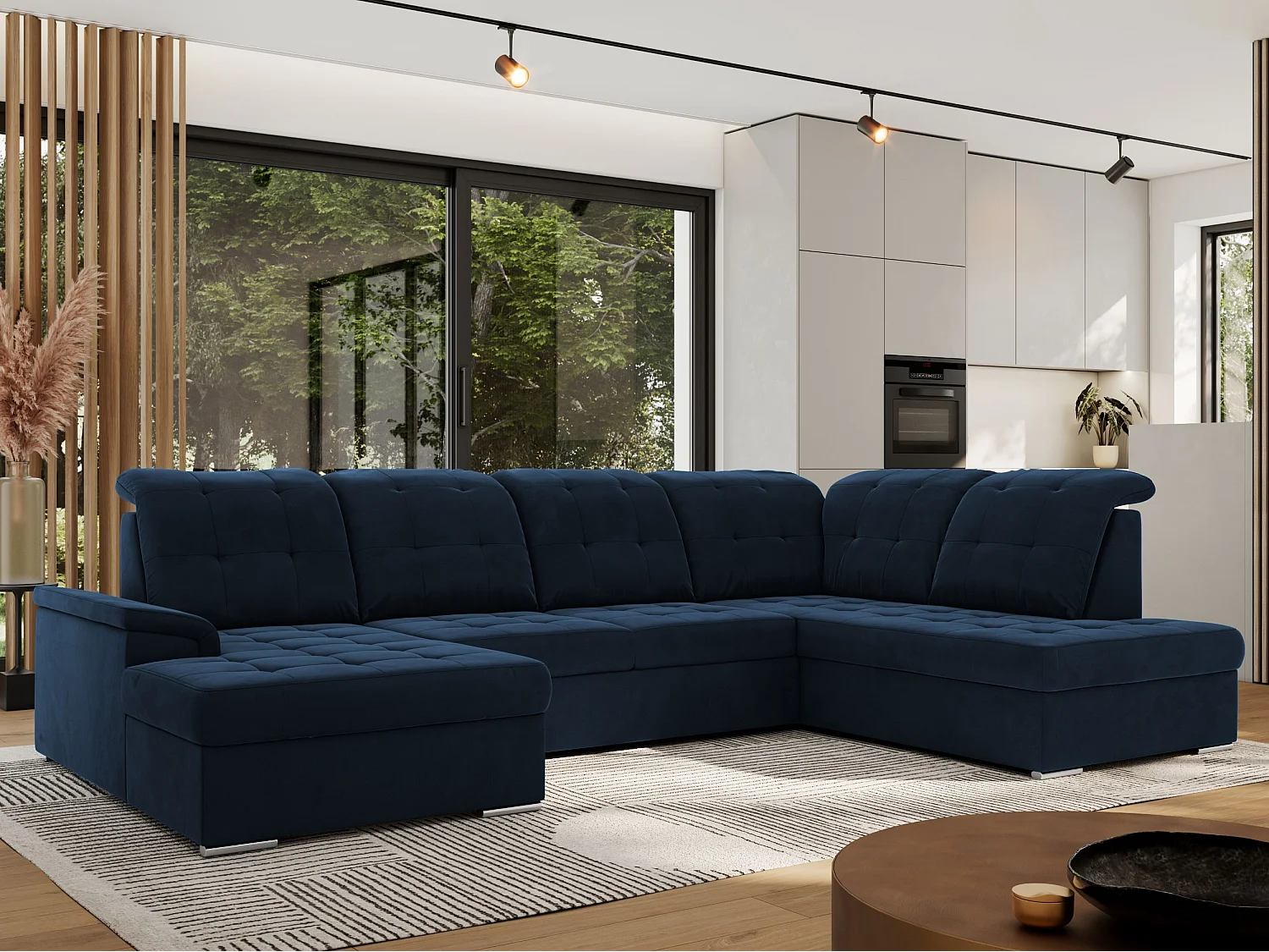 Ecksofa MADRITO U - mit verstellbarer Rückenlehne, Armlehne, L-förmige Ecke, Bettkasten - Dunkelblau Velvet - Ecke Rechts