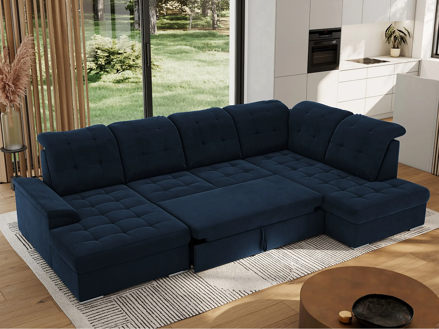 Ecksofa MADRITO U - mit verstellbarer Rückenlehne, Armlehne, L-förmige Ecke, Bettkasten - Dunkelblau Velvet - Ecke Rechts