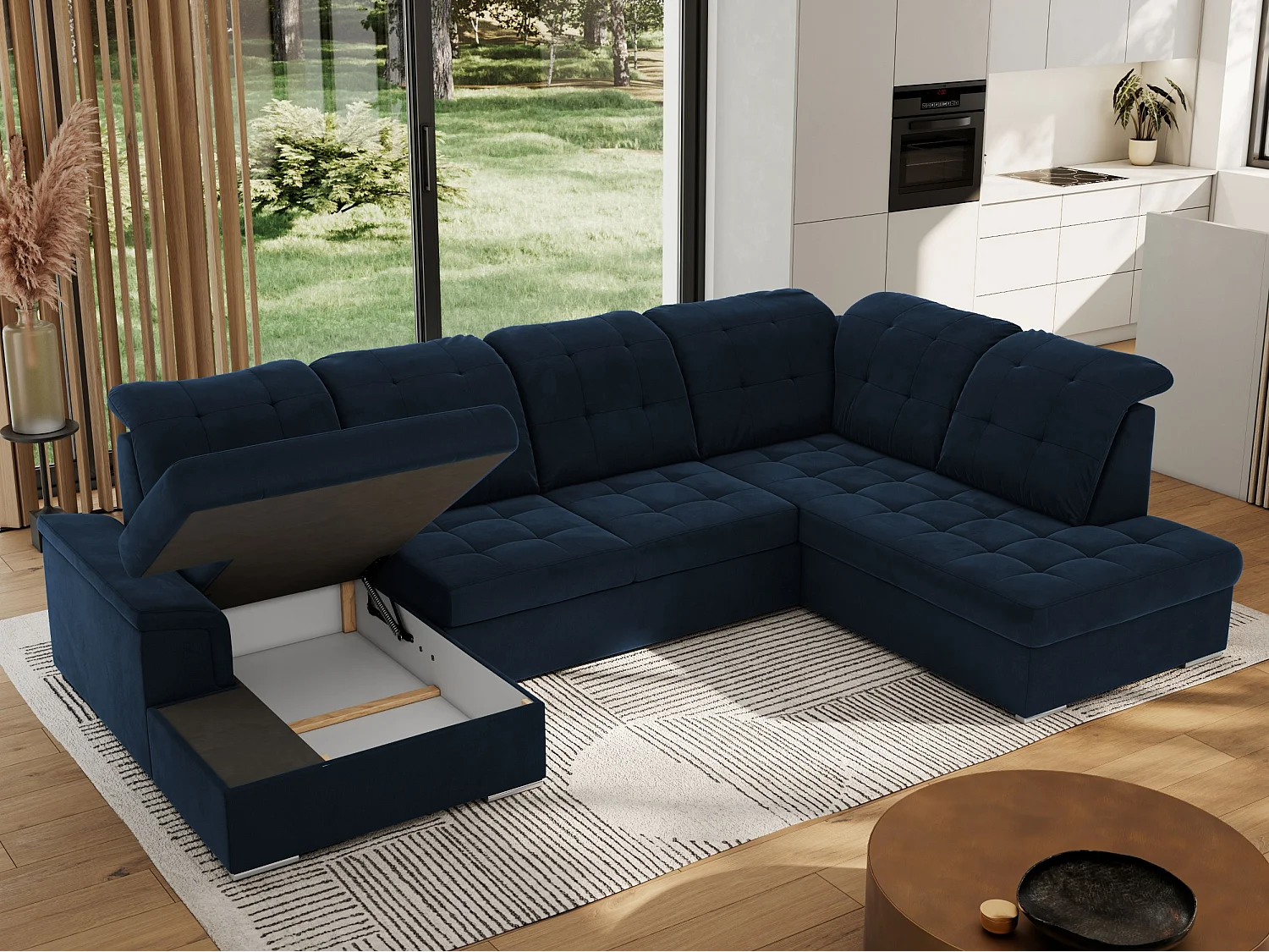 Ecksofa MADRITO U - mit verstellbarer Rückenlehne, Armlehne, L-förmige Ecke, Bettkasten - Dunkelblau Velvet - Ecke Rechts