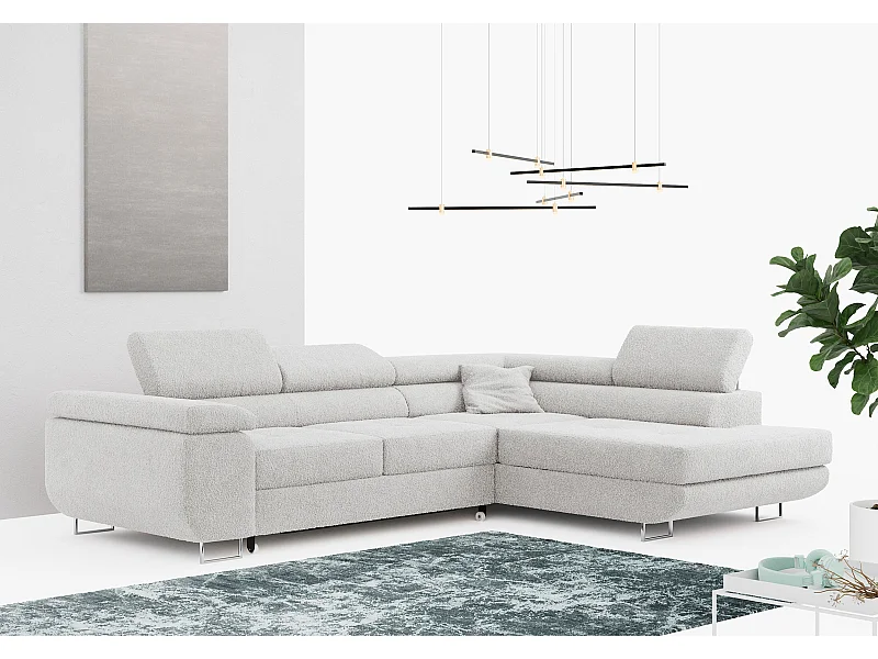 Ecksofa GUSTAW - mit Schlaffunktion, verstellbare Kopfstützen, Metallbeine - Hellgrau Boucle - Ecke Rechts