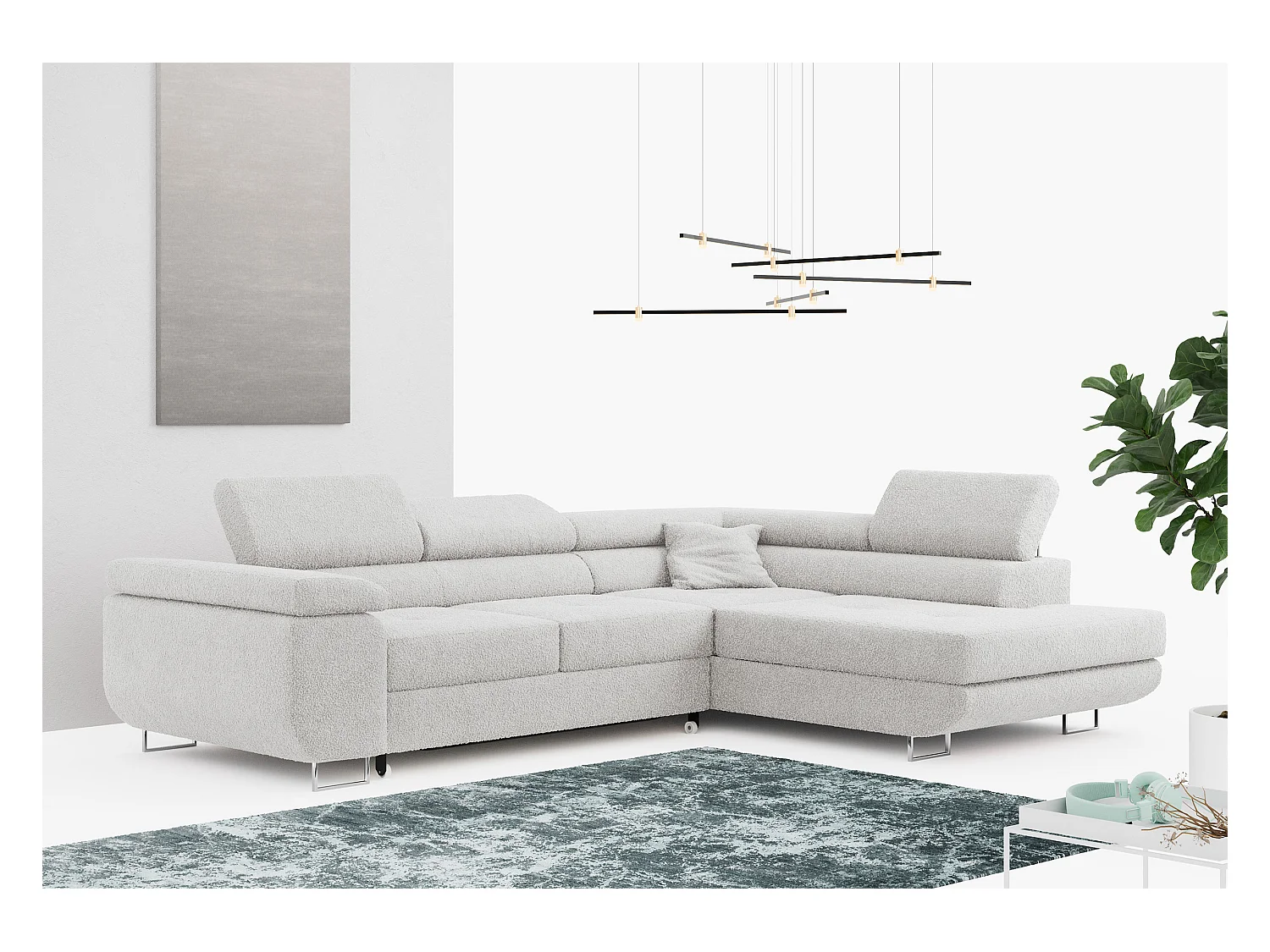 Ecksofa GUSTAW - mit Schlaffunktion, verstellbare Kopfstützen, Metallbeine - Hellgrau Boucle - Ecke Rechts