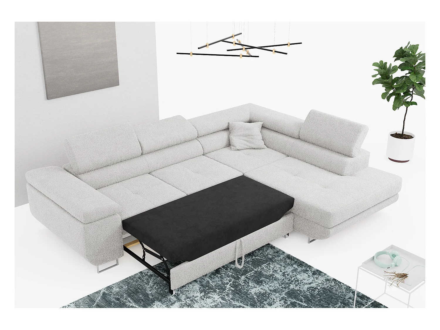 Ecksofa GUSTAW - mit Schlaffunktion, verstellbare Kopfstützen, Metallbeine - Hellgrau Boucle - Ecke Rechts