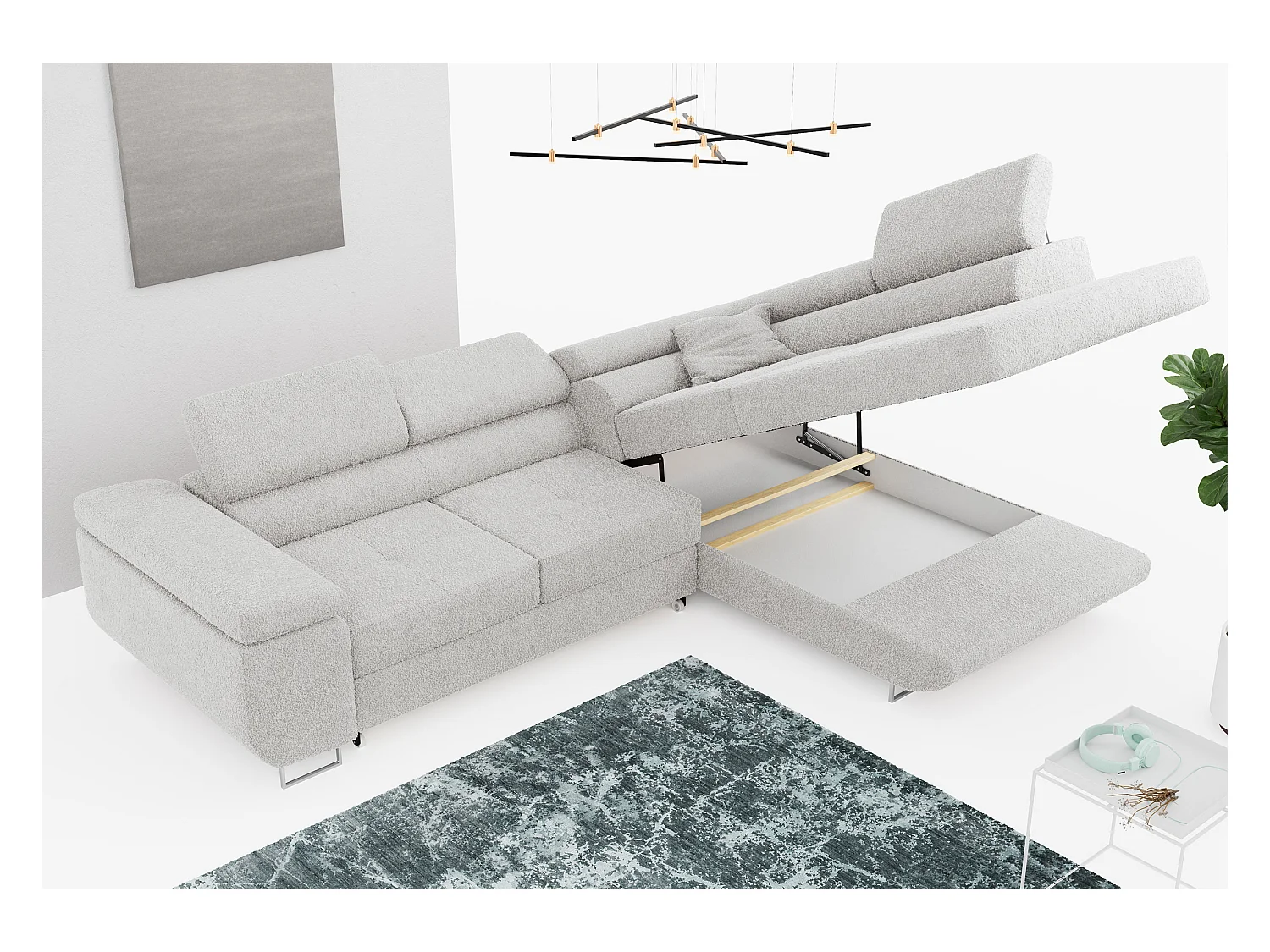 Ecksofa GUSTAW - mit Schlaffunktion, verstellbare Kopfstützen, Metallbeine - Hellgrau Boucle - Ecke Rechts