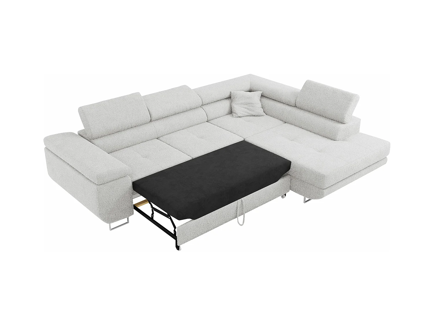 Ecksofa GUSTAW - mit Schlaffunktion, verstellbare Kopfstützen, Metallbeine - Hellgrau Boucle - Ecke Rechts