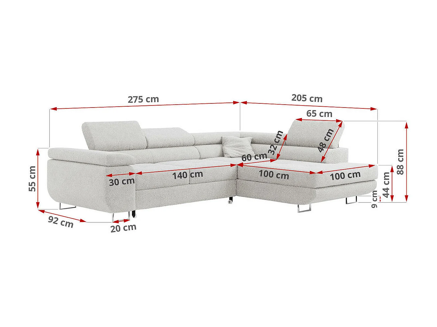 Ecksofa GUSTAW - mit Schlaffunktion, verstellbare Kopfstützen, Metallbeine - Hellgrau Boucle - Ecke Rechts
