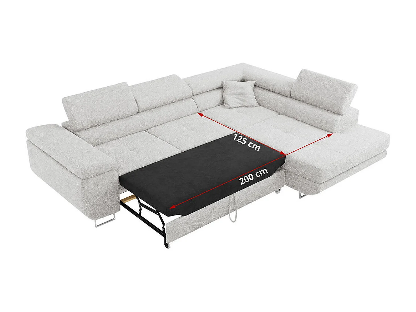 Ecksofa GUSTAW - mit Schlaffunktion, verstellbare Kopfstützen, Metallbeine - Hellgrau Boucle - Ecke Rechts