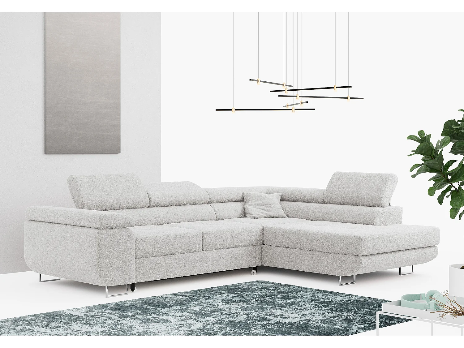 Ecksofa GUSTAW - mit Schlaffunktion, verstellbare Kopfstützen, Metallbeine - Hellgrau Boucle - Ecke Rechts