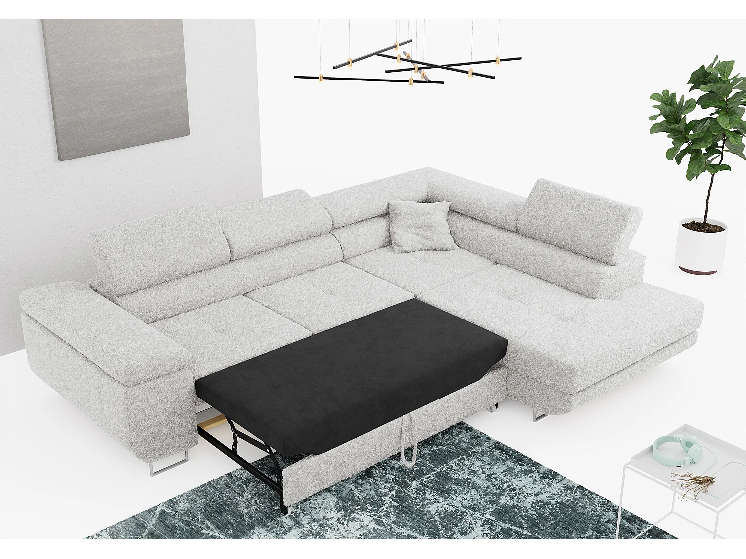 Ecksofa GUSTAW - mit Schlaffunktion, verstellbare Kopfstützen, Metallbeine - Hellgrau Boucle - Ecke Rechts