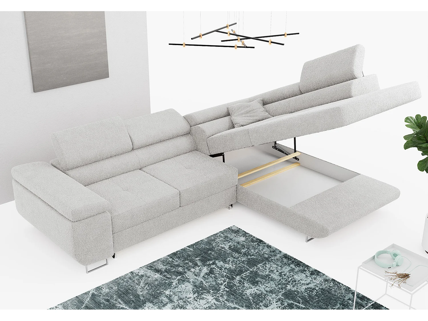 Ecksofa GUSTAW - mit Schlaffunktion, verstellbare Kopfstützen, Metallbeine - Hellgrau Boucle - Ecke Rechts