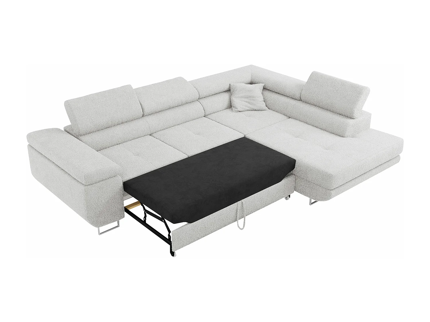 Ecksofa GUSTAW - mit Schlaffunktion, verstellbare Kopfstützen, Metallbeine - Hellgrau Boucle - Ecke Rechts