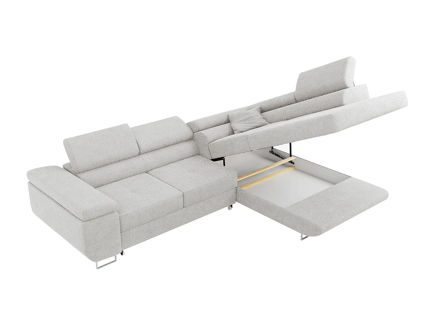 Ecksofa GUSTAW - mit Schlaffunktion, verstellbare Kopfstützen, Metallbeine - Hellgrau Boucle - Ecke Rechts