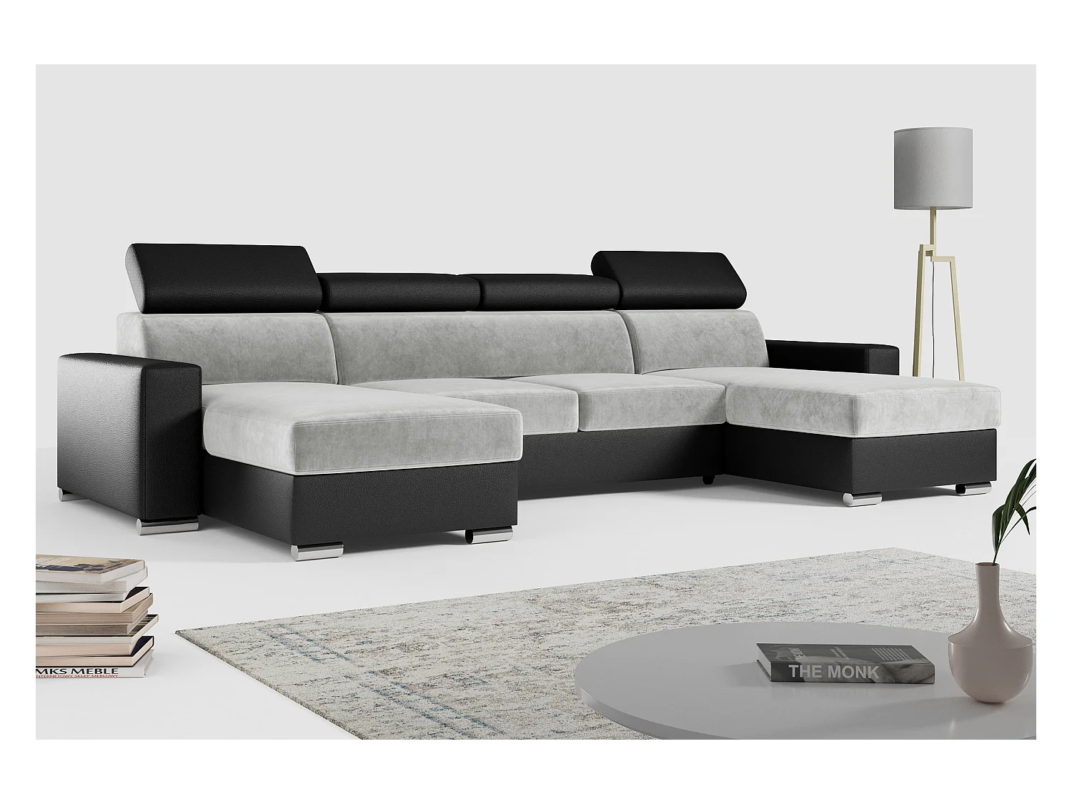 Ecksofa FOX U - verstellbare Kopfstützen, zwei Bettkästen, L-förmige Ecke mit Schlaffunktion, Armlehnen - Hellgrau, Schwarz - Velvet, Kunstleder