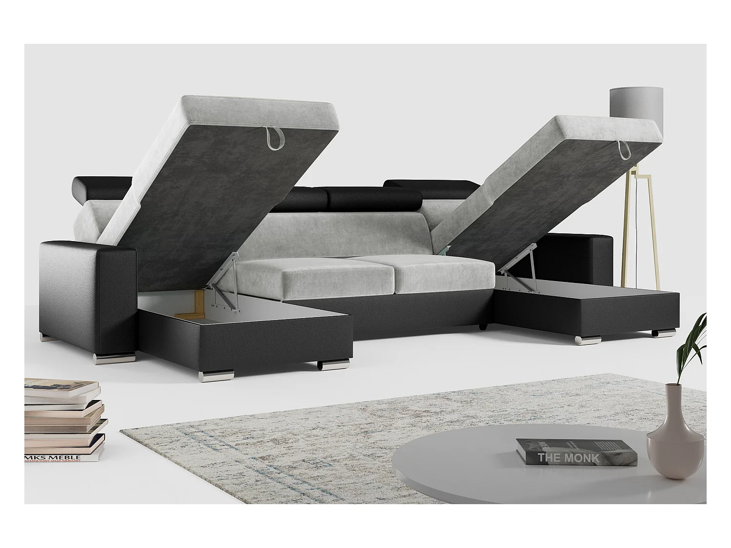 Ecksofa FOX U - verstellbare Kopfstützen, zwei Bettkästen, L-förmige Ecke mit Schlaffunktion, Armlehnen - Hellgrau, Schwarz - Velvet, Kunstleder
