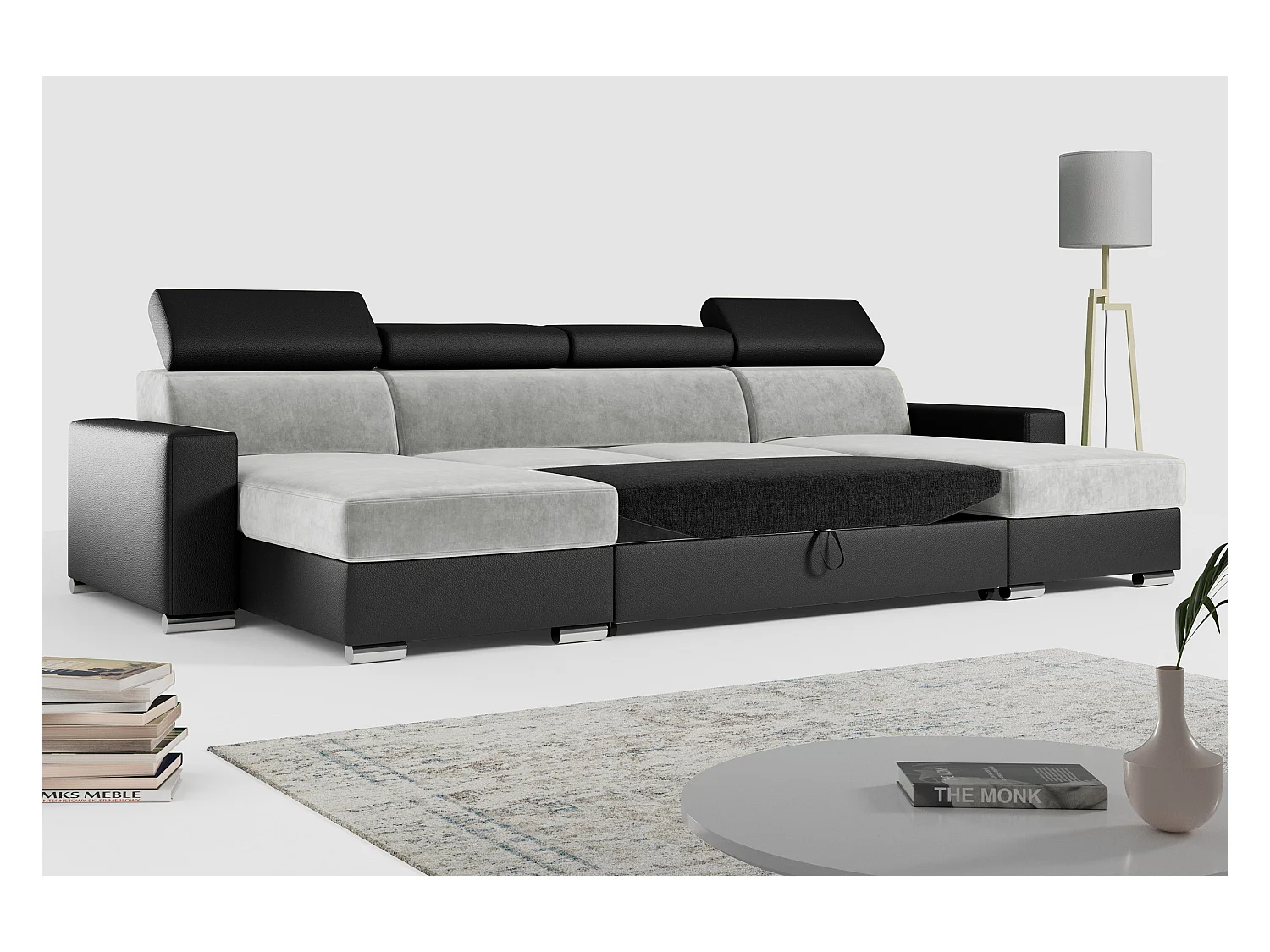 Ecksofa FOX U - verstellbare Kopfstützen, zwei Bettkästen, L-förmige Ecke mit Schlaffunktion, Armlehnen - Hellgrau, Schwarz - Velvet, Kunstleder